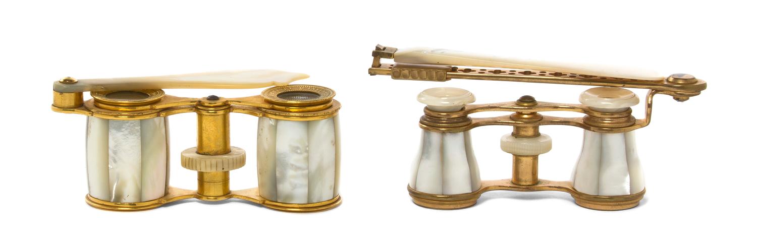 Two Pairs of French Mother-of-Pearl Veneered Opera Glasses, Width of first 3 7/8 inches.