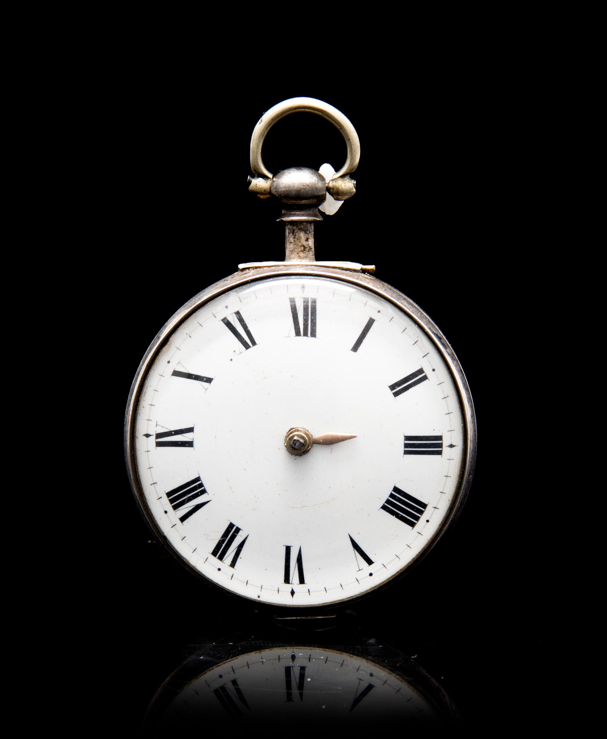 An English Cased Silver Keywound Pocketwatch, , having a white porcelain dial with Roman numerals, gilt feuille hand, key wound and set