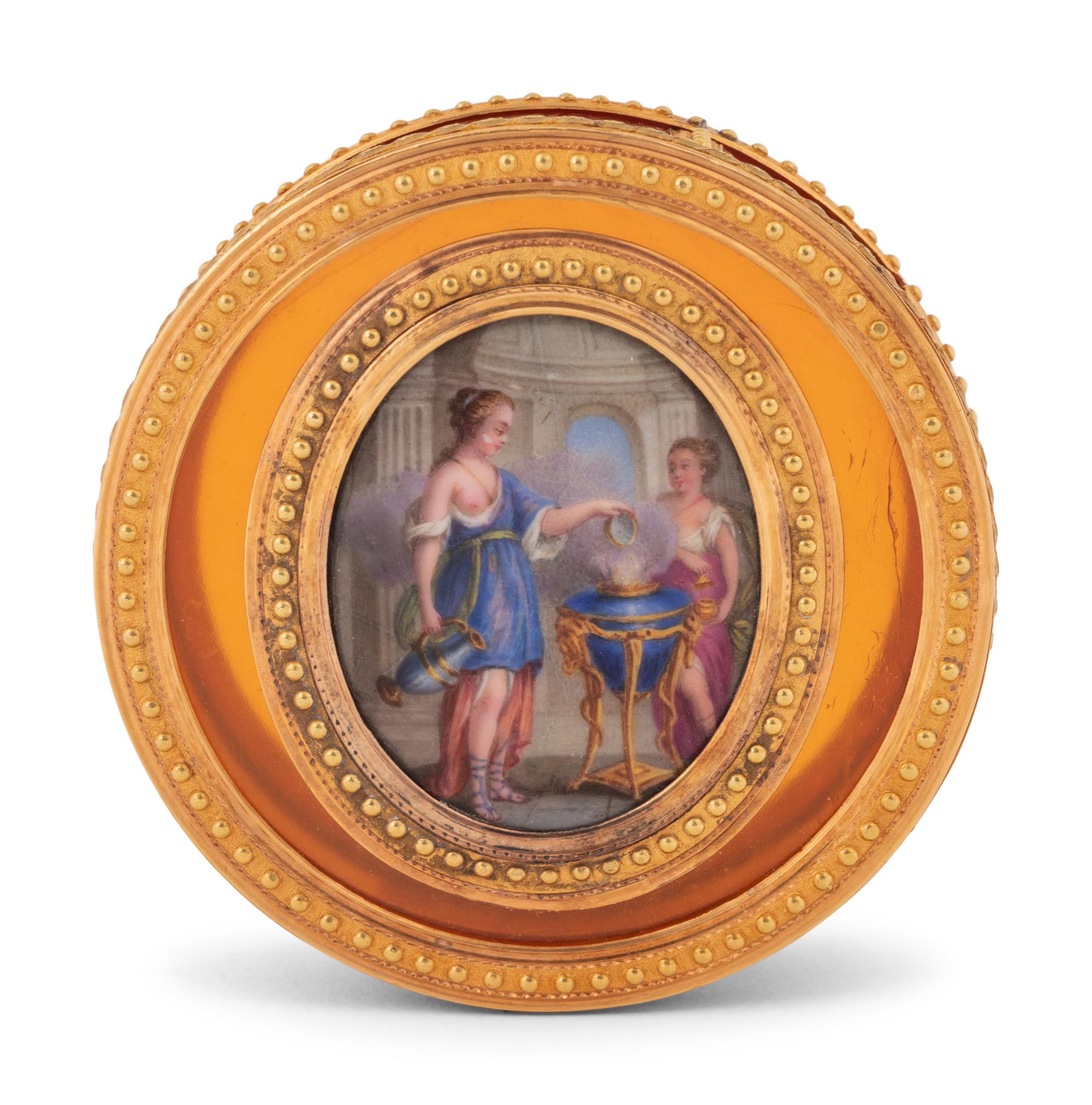 A Louis XV Gold and Enamel Plaque-Mounted Bonbonnière