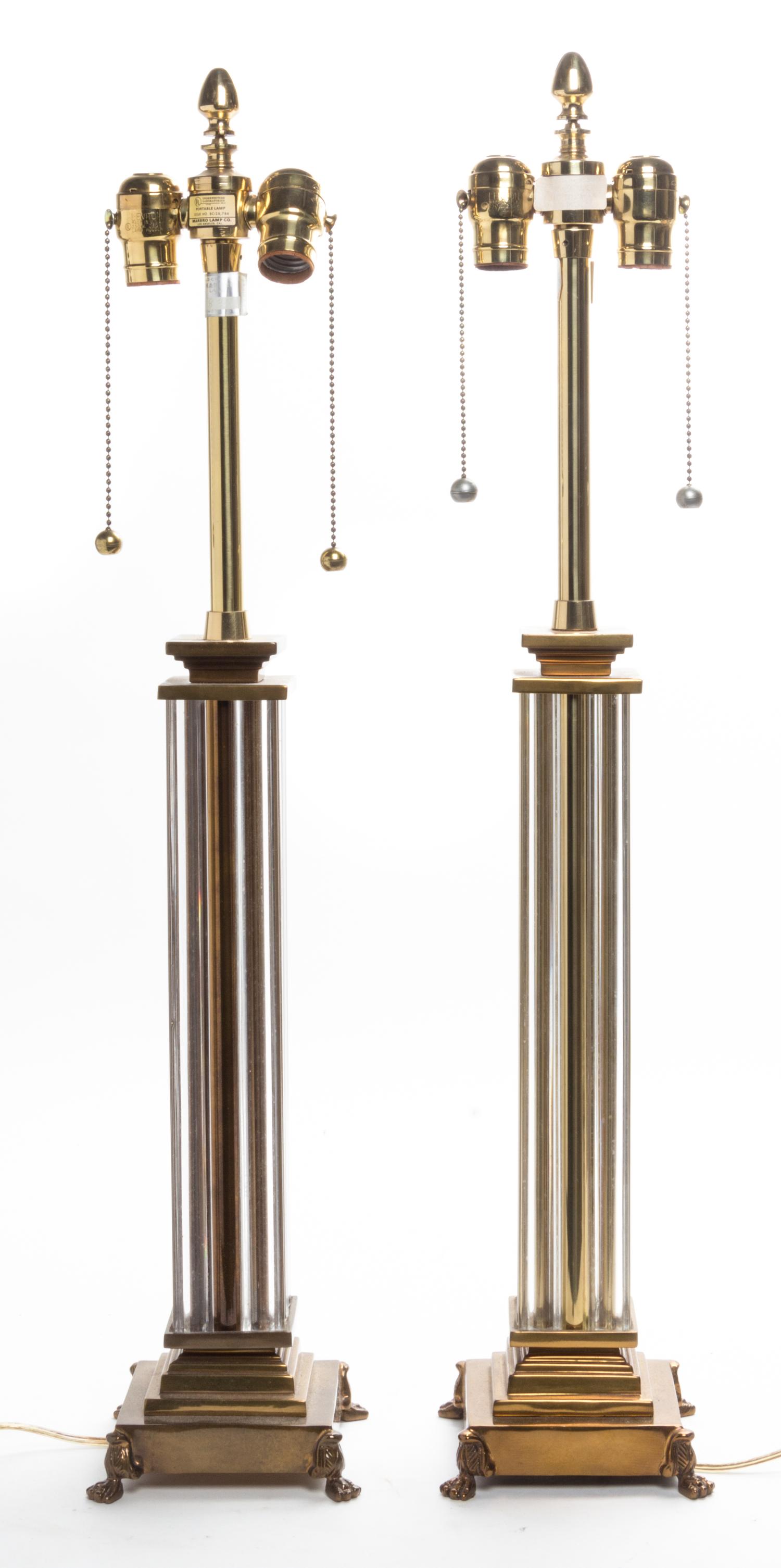 A Pair of Glass and Brass Table Lamps, Marbro Lamp Co. Height 30 1/2 inches. — 20TH CENTURY