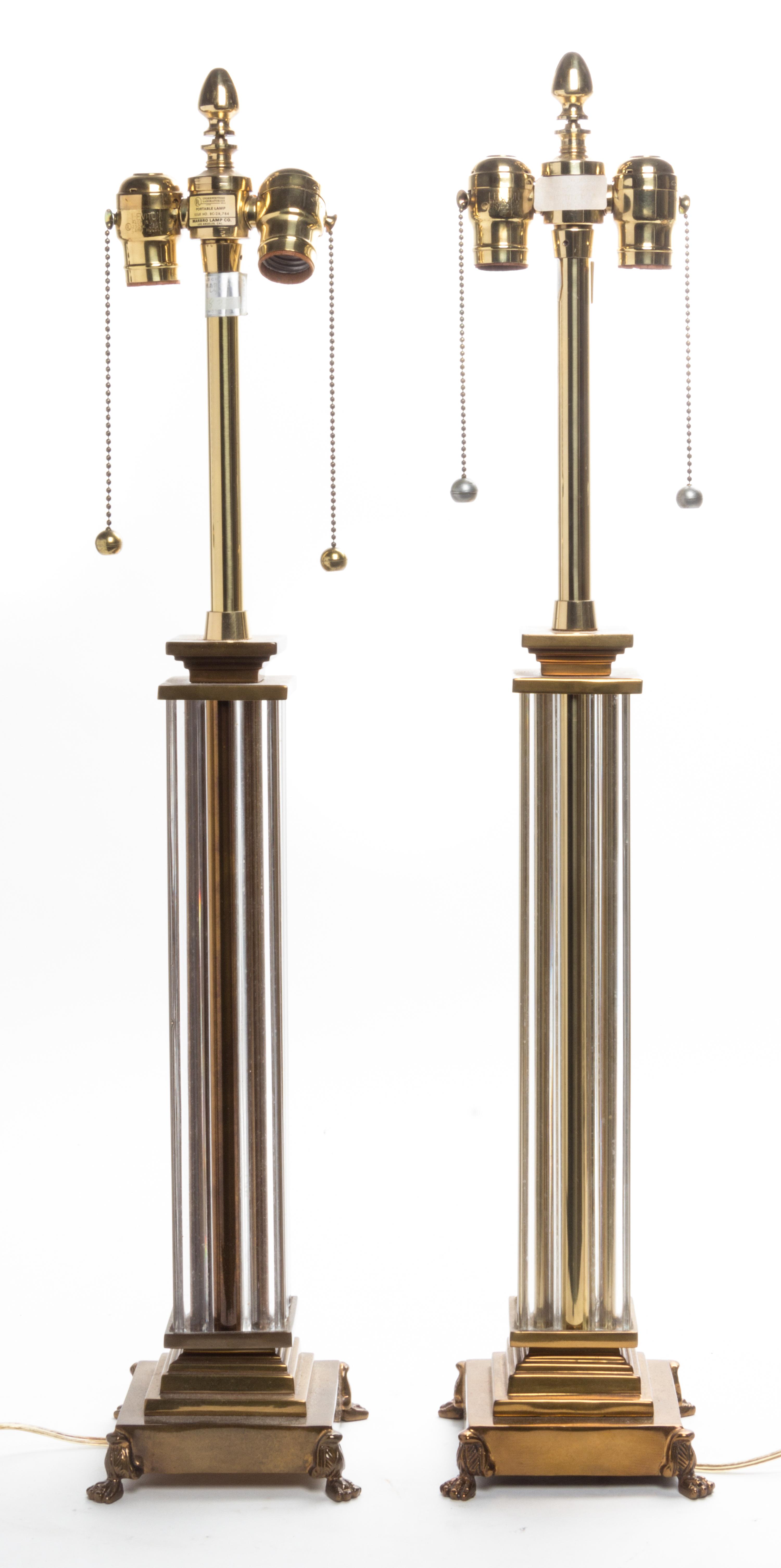 A Pair of Glass and Brass Table Lamps, Marbro Lamp Co. Height 30 1/2 inches. — 20TH CENTURY