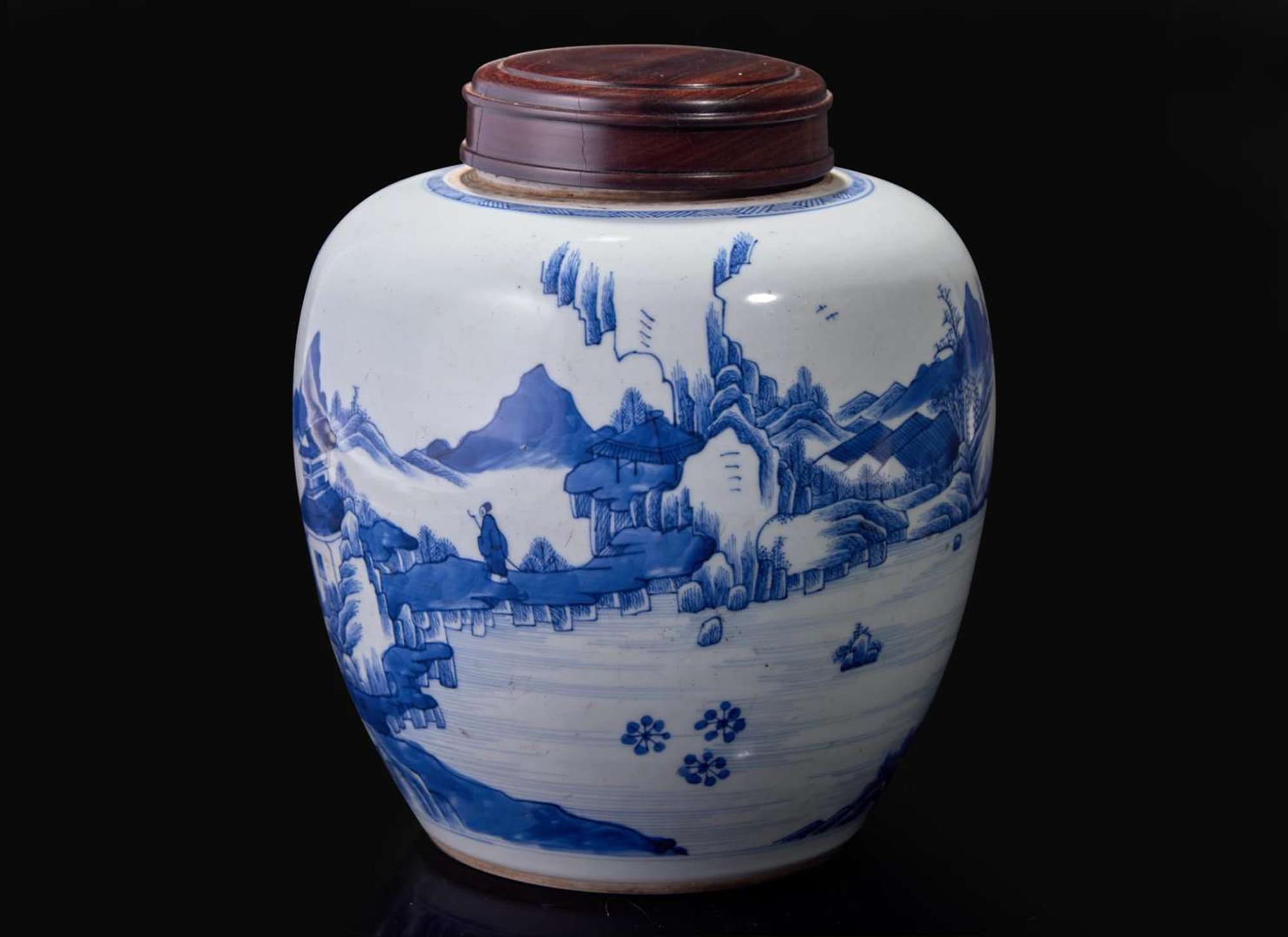 A Chinese blue and white "Landscape" jar, Qing dynasty, 18th-early 19th century 青花山水人物罐 清 十八至十九世紀