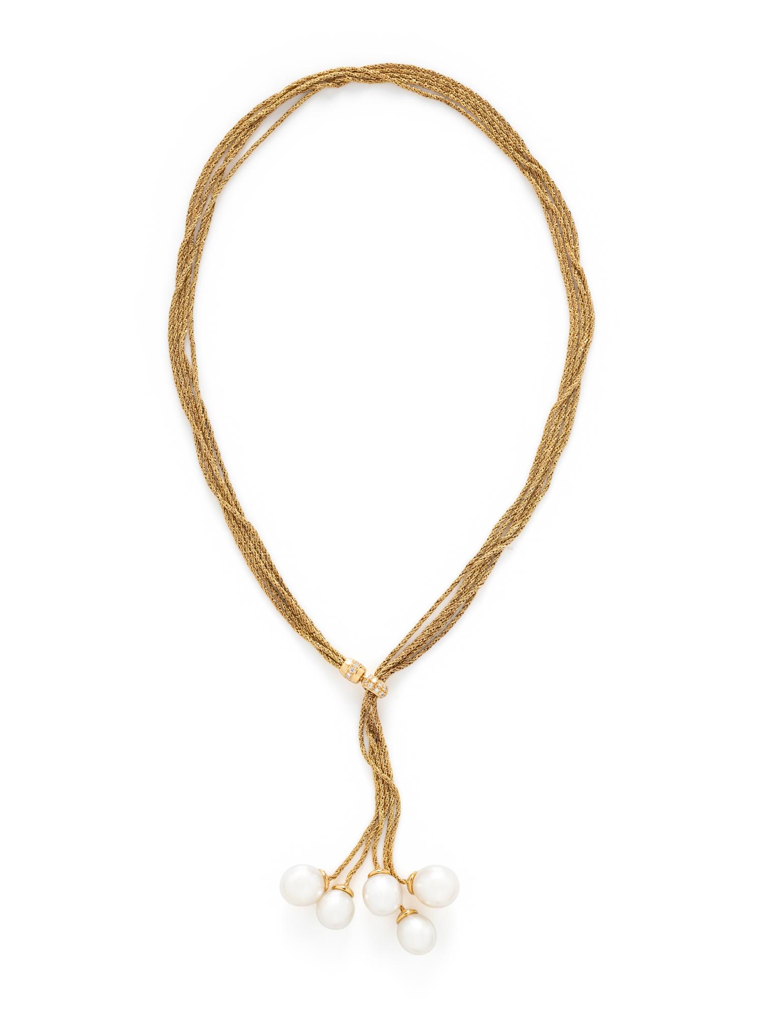 YELLOW GOLD AND CULTURED PEARL MULTISTRAND LARIAT NECKLACE