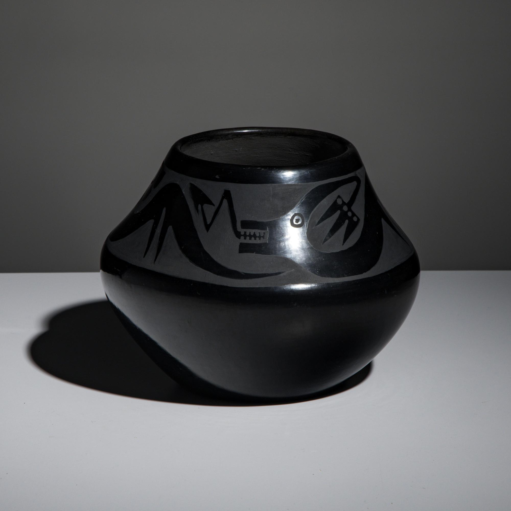 Maria and Santana Martinez (San Ildefonso, 1887-1980 / 1909-2002) — Blackware Pottery Jar, with Avanyu 1954-1956