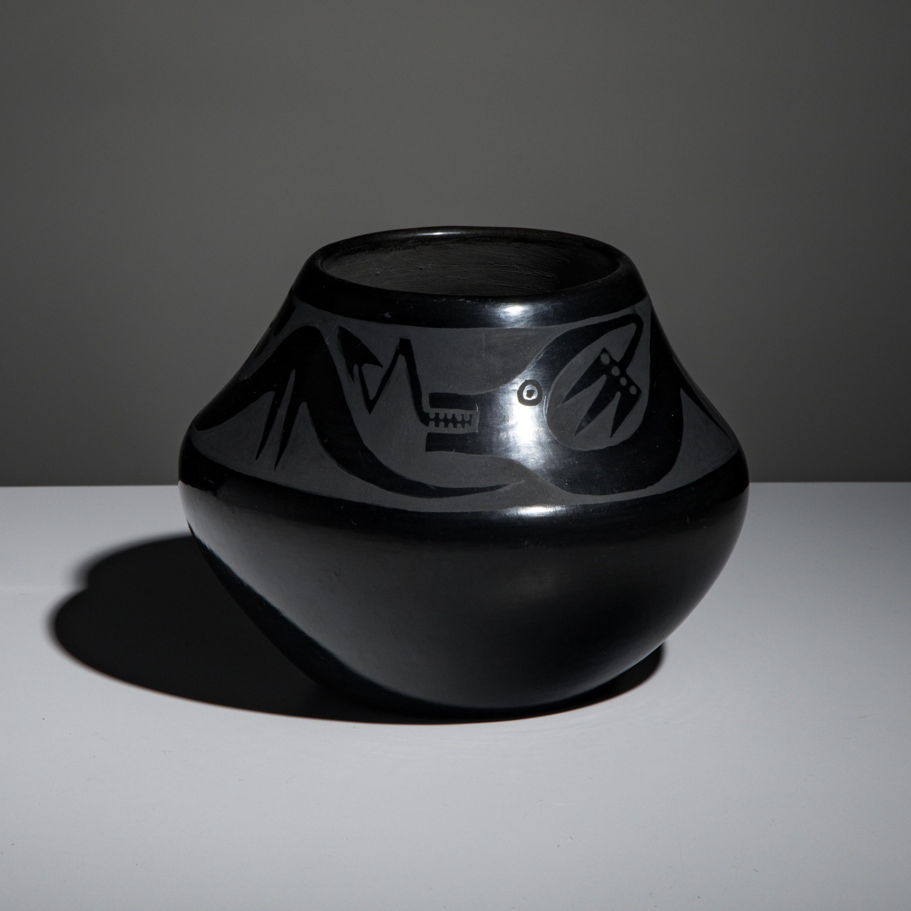 Maria and Santana Martinez (San Ildefonso, 1887-1980 / 1909-2002) — Blackware Pottery Jar, with Avanyu 1954-1956