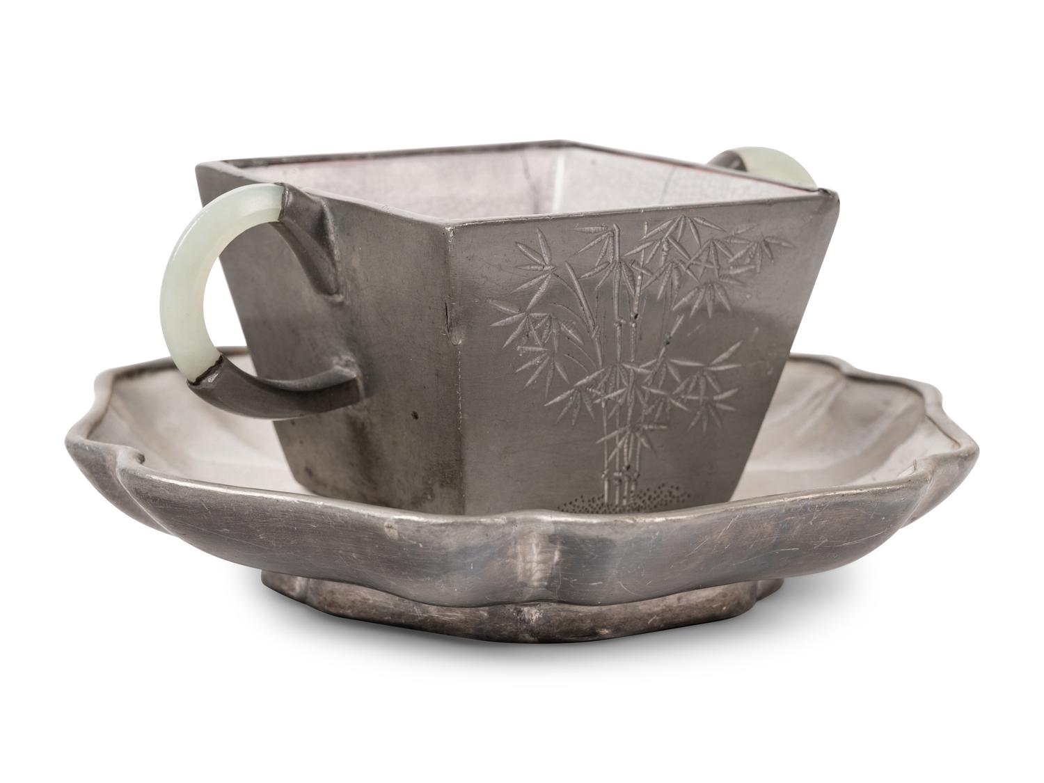 Two Chinese Pewter Encased Yixing Pottery Articles