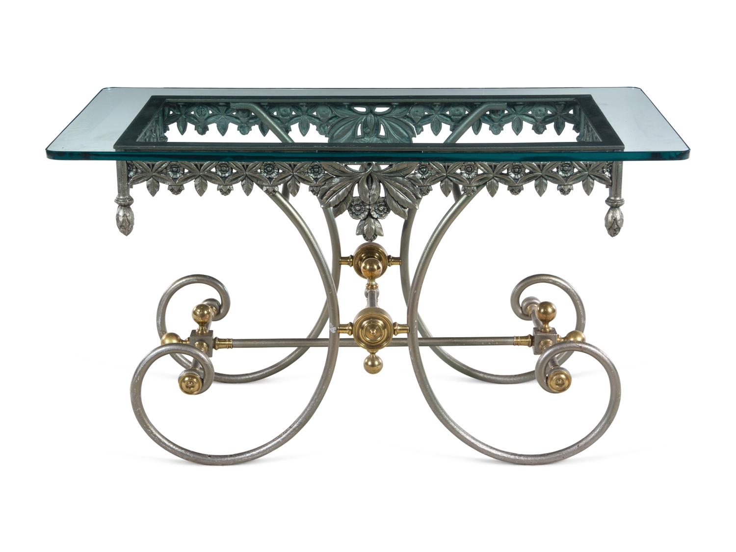 A Steel and Brass Glass-Top Pastry Table