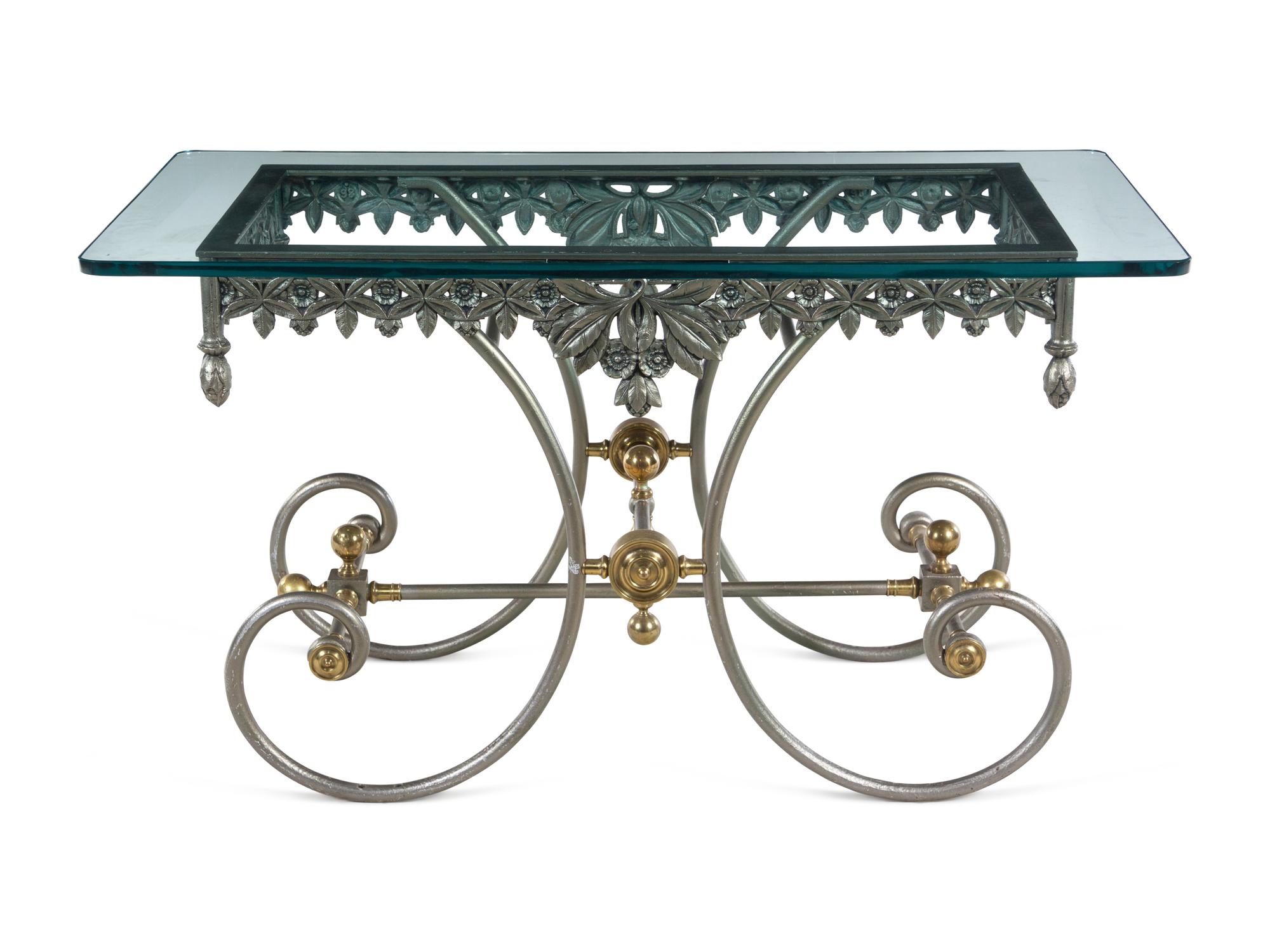 A Steel and Brass Glass-Top Pastry Table