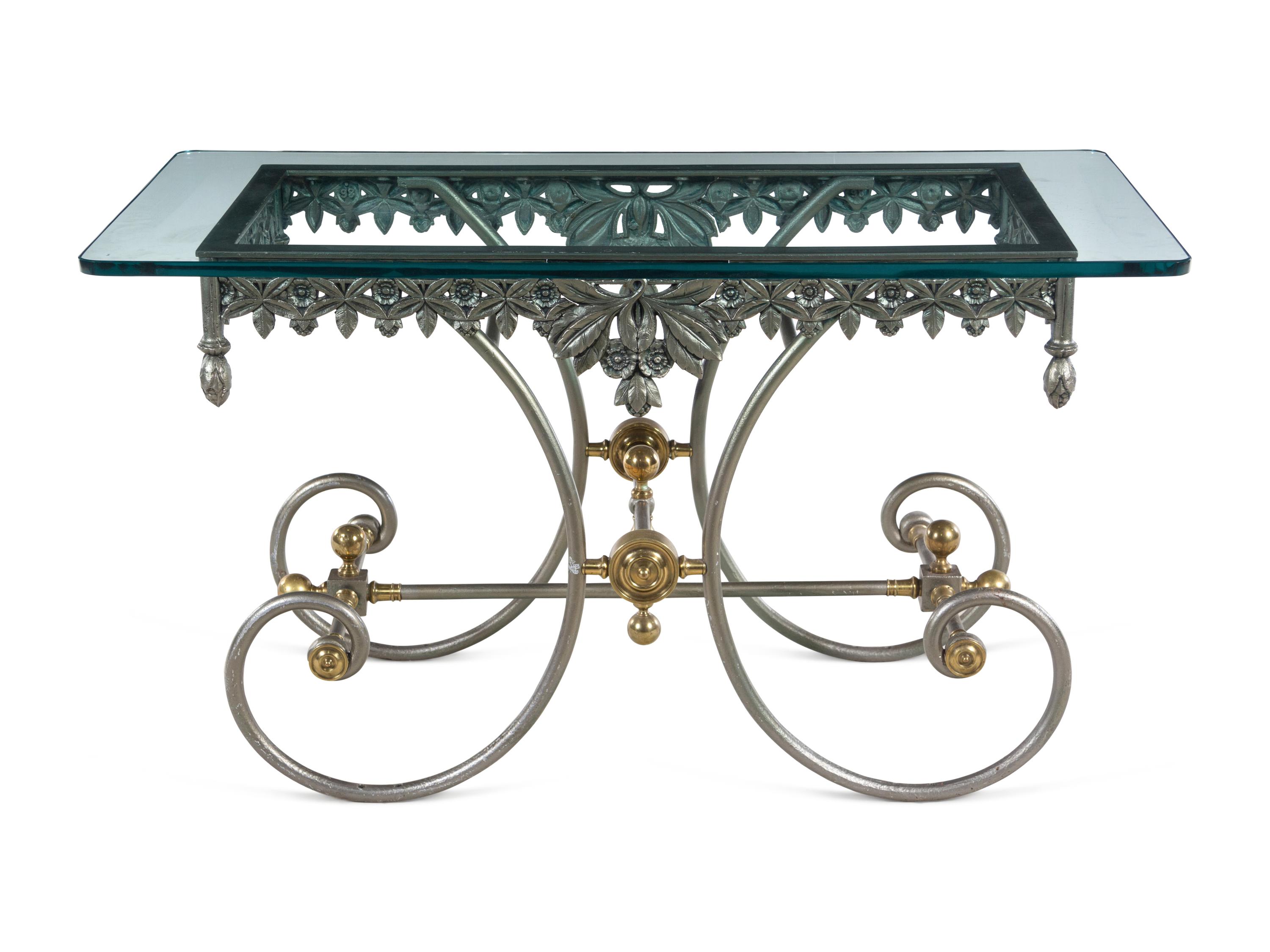 A Steel and Brass Glass-Top Pastry Table
