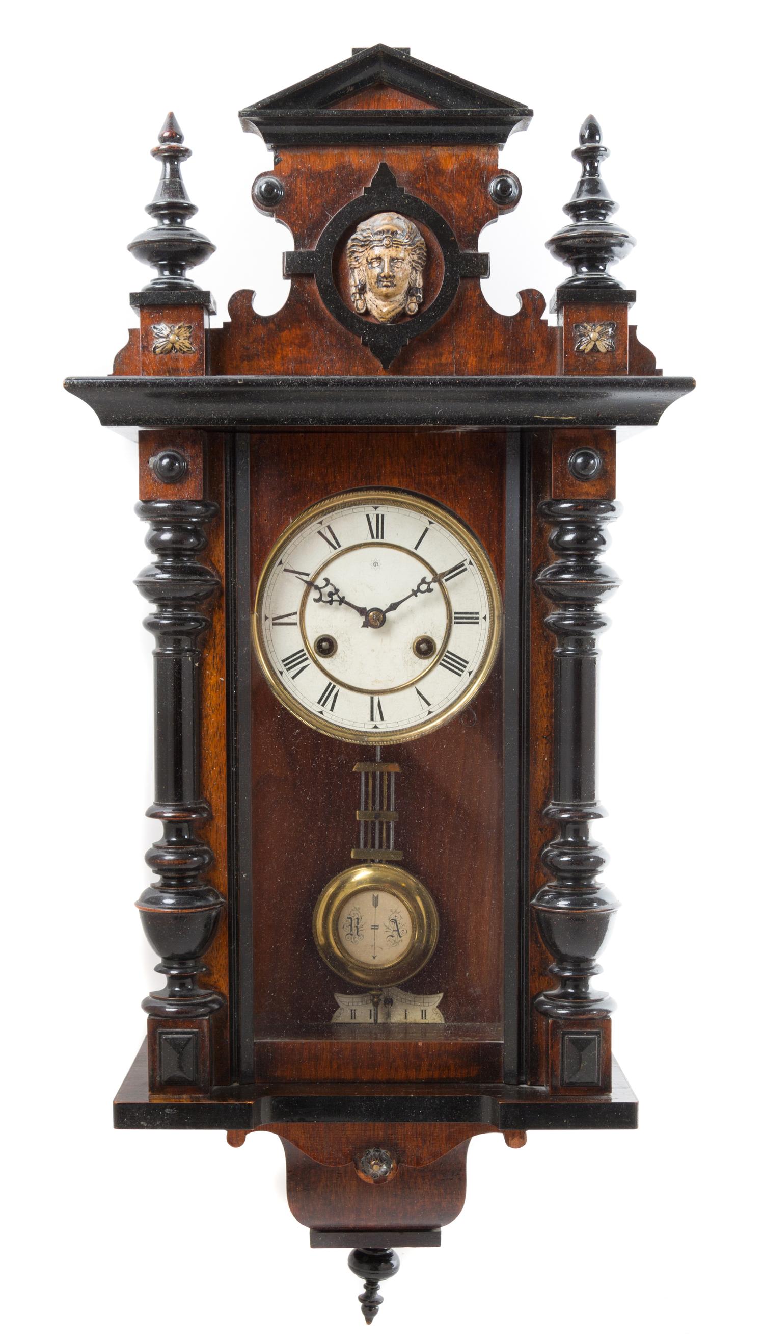 A Victorian Walnut and Part Ebonized Regulator Clock, Junghans Height 20 1/2 inches. — 19TH/20TH CENTURY