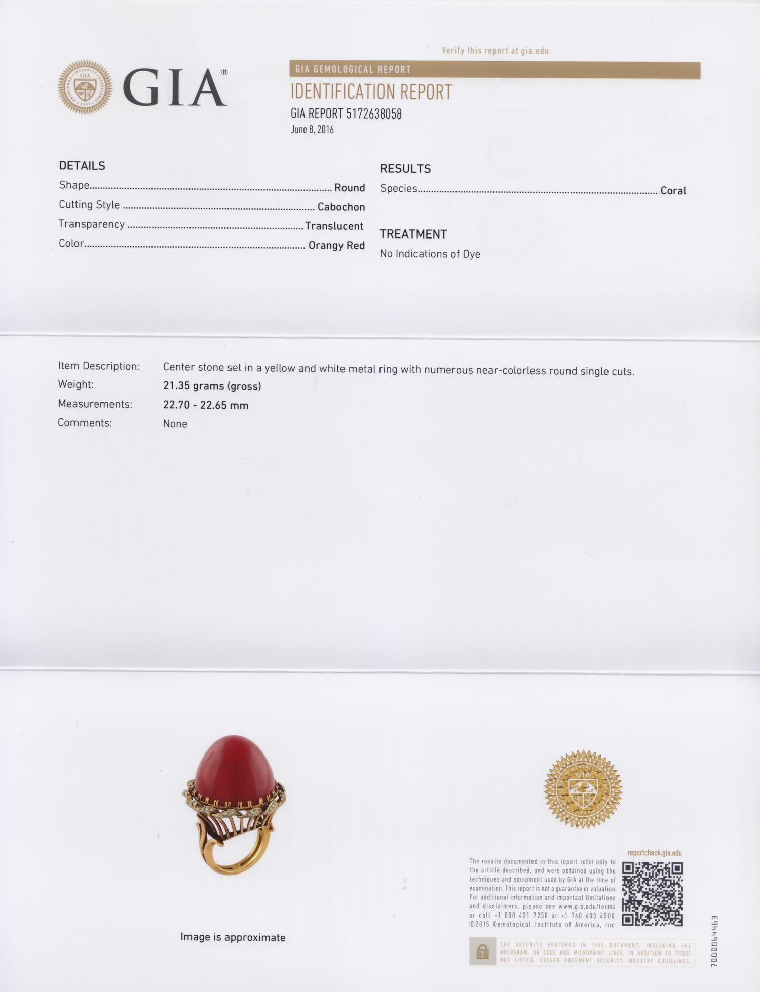 A Fine Yellow Gold, Coral and Diamond Bombe Ring, 13.60 dwts.