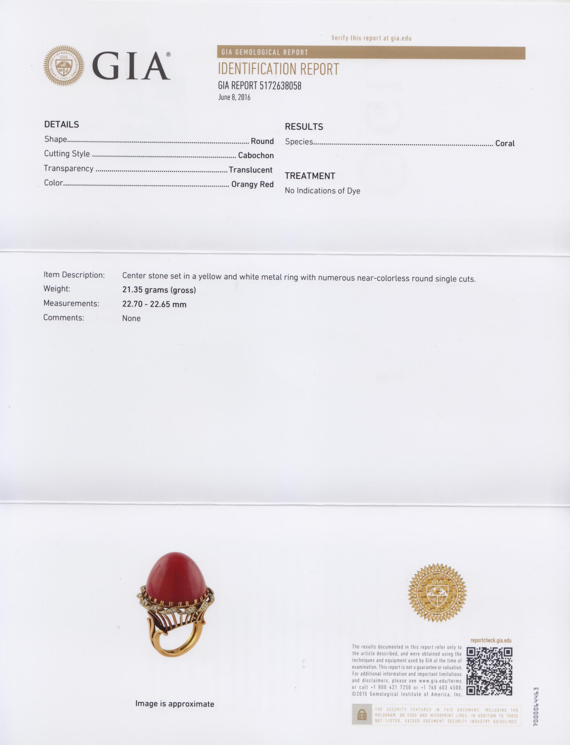 A Fine Yellow Gold, Coral and Diamond Bombe Ring, 13.60 dwts.