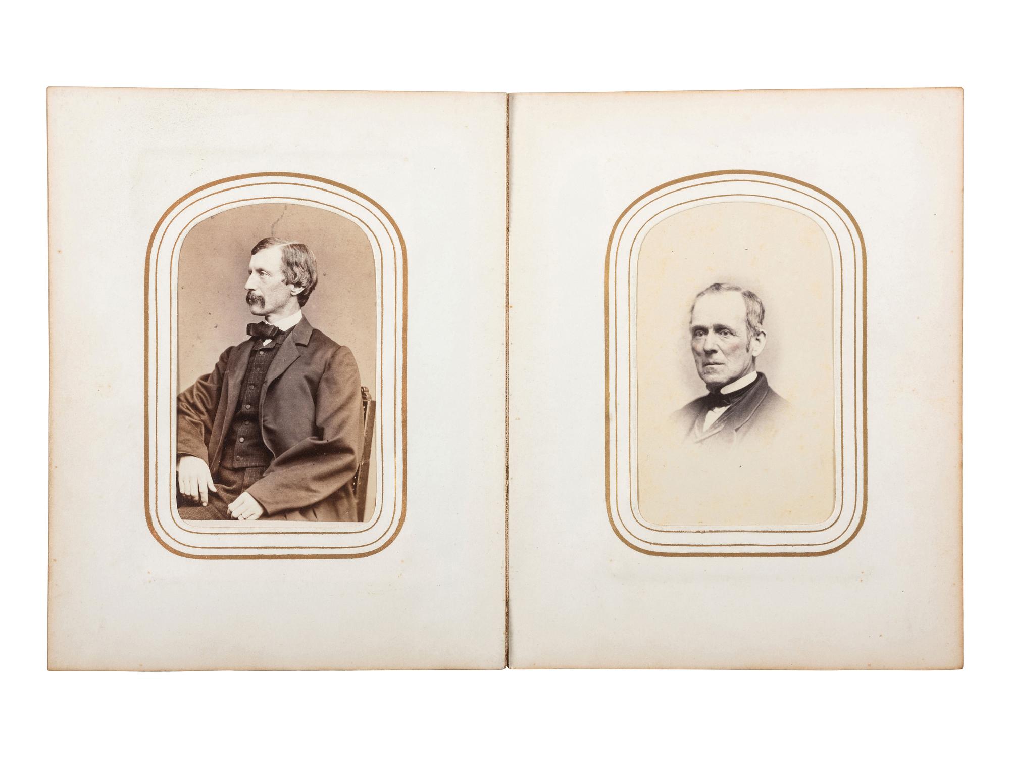 [CIVIL WAR]. CDV album containing 3 portraits of soldiers, highlighted by studio portrait of Brevet Brigadier General and Congressman Aaron Fletcher Stevens, including: