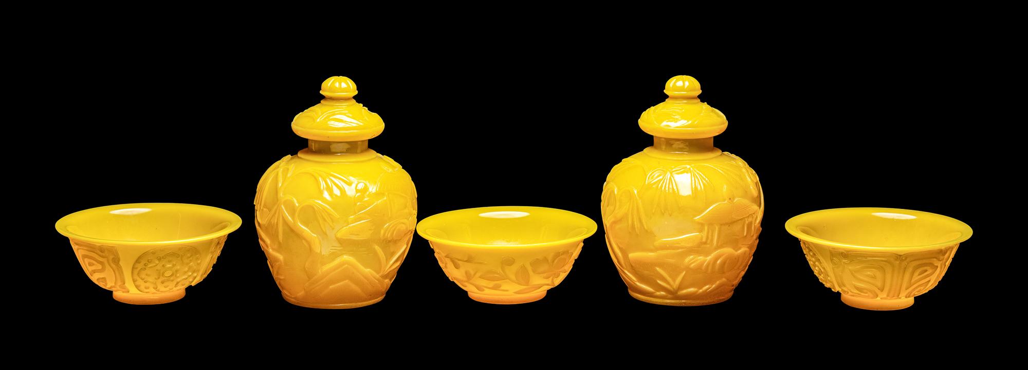 Five Chinese Yellow Peking Glass Wares