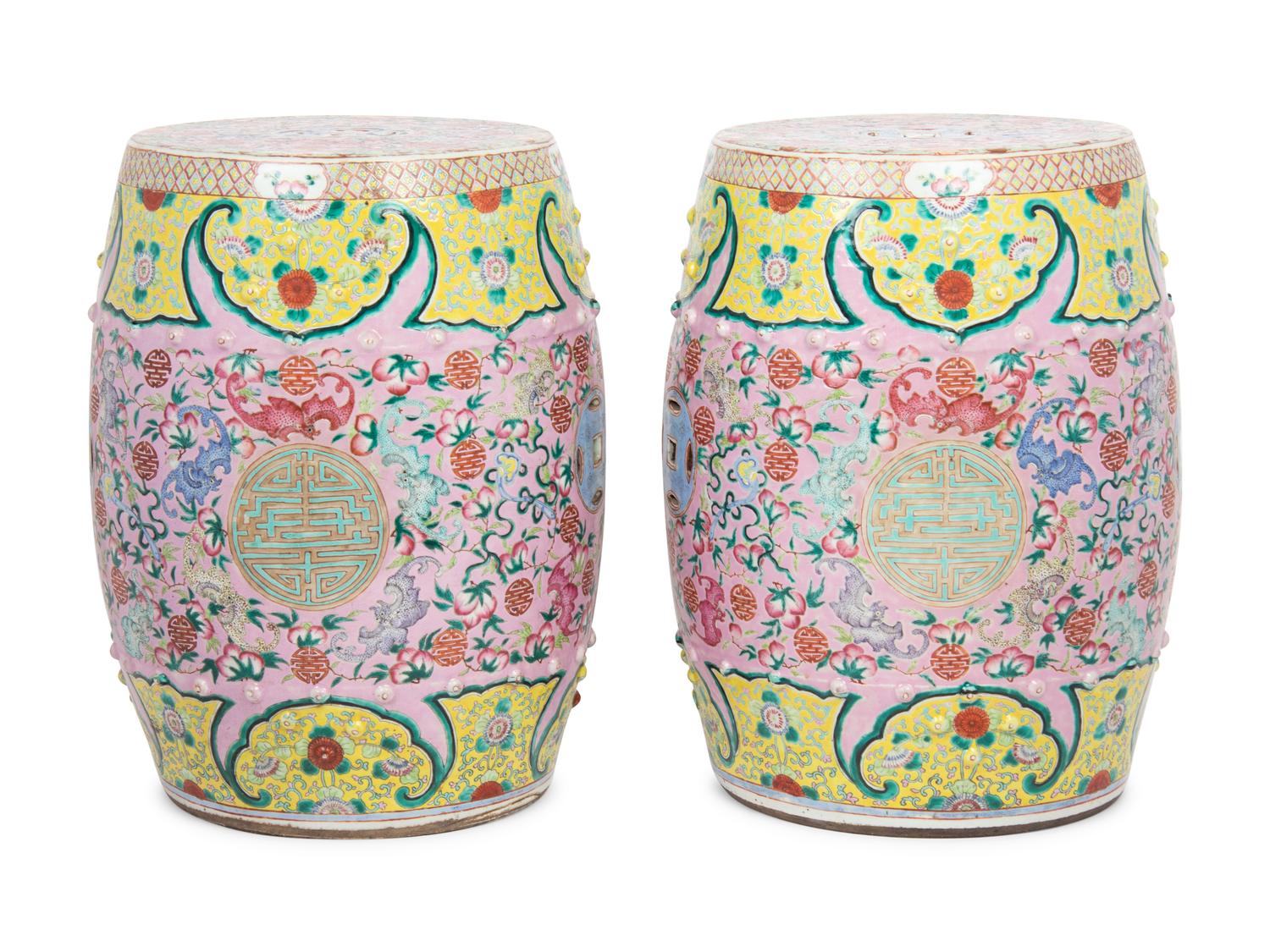 A Pair of Famille Rose Porcelain 'Longevity' Garden Stools