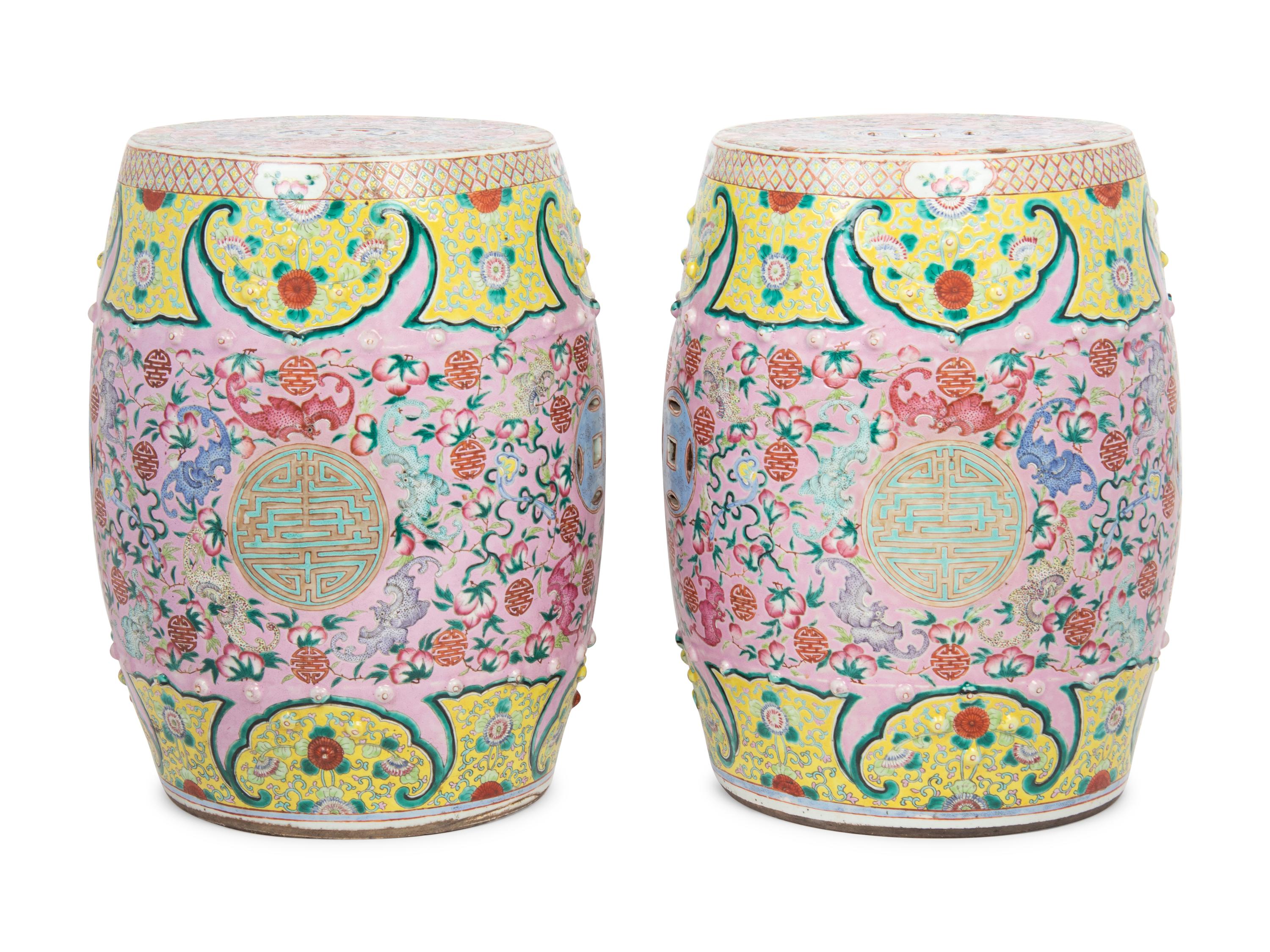 A Pair of Famille Rose Porcelain 'Longevity' Garden Stools