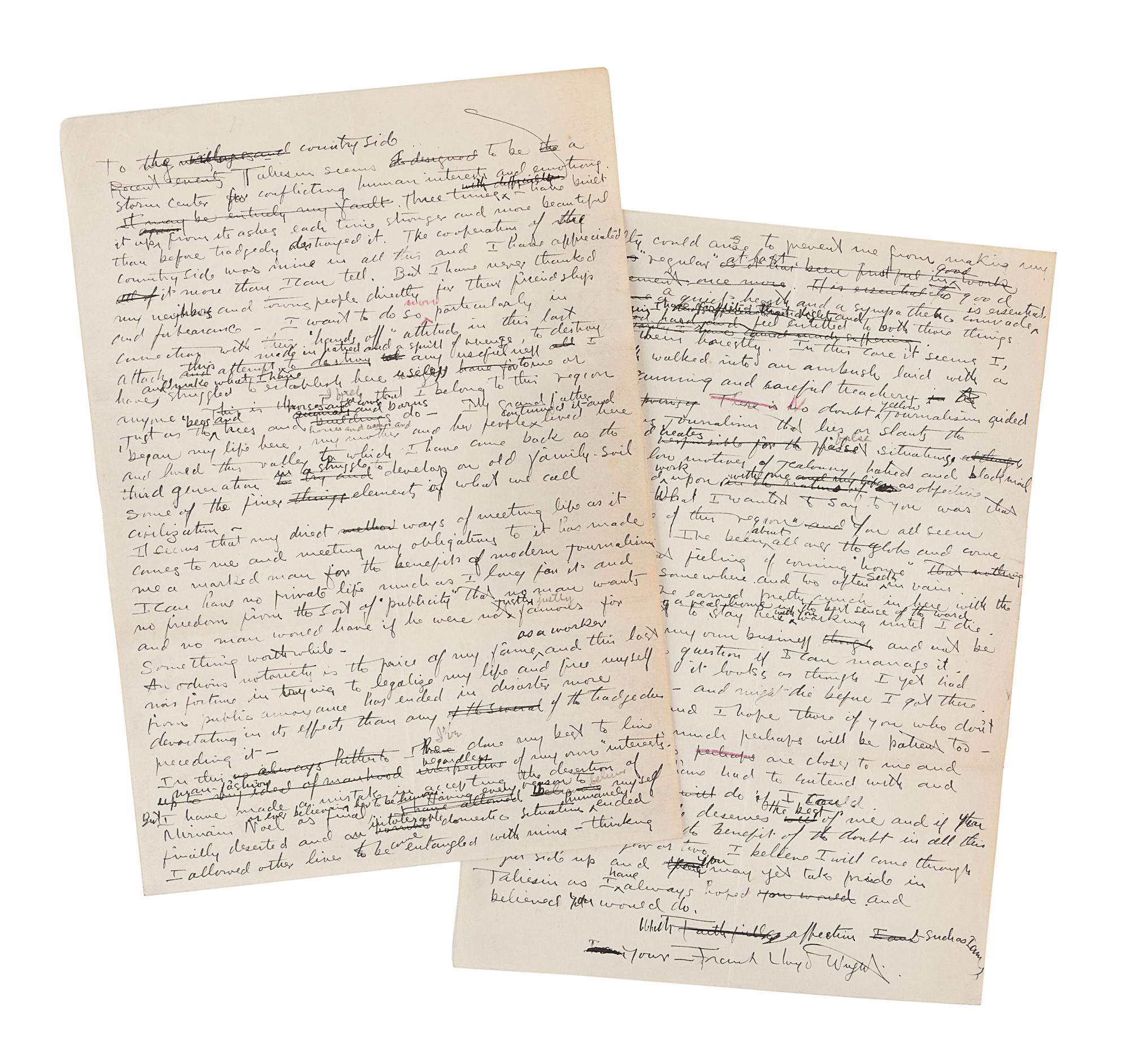 WRIGHT, Frank Lloyd (1867-1959). Autograph manuscript signed ("Frank Lloyd Wright"), entitled "To the Countryside," numerous holograph emendations and corrections in ink, several in pencil or purple pencil. N.p. [Taliesin?], [June 1926]. 2 pages, 4to, creased.