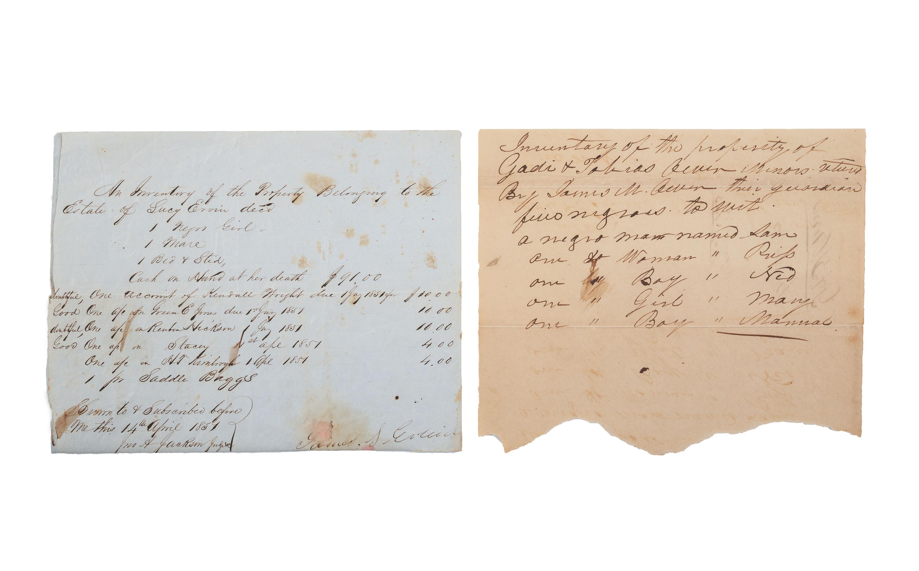 [SLAVERY & ABOLITION]. A group of 2 inventories listing enslaved individuals, comprising: