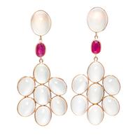A Pair of Rose Gold, Moonstone and Ruby Pendant Earrings, 9.70 dwts.