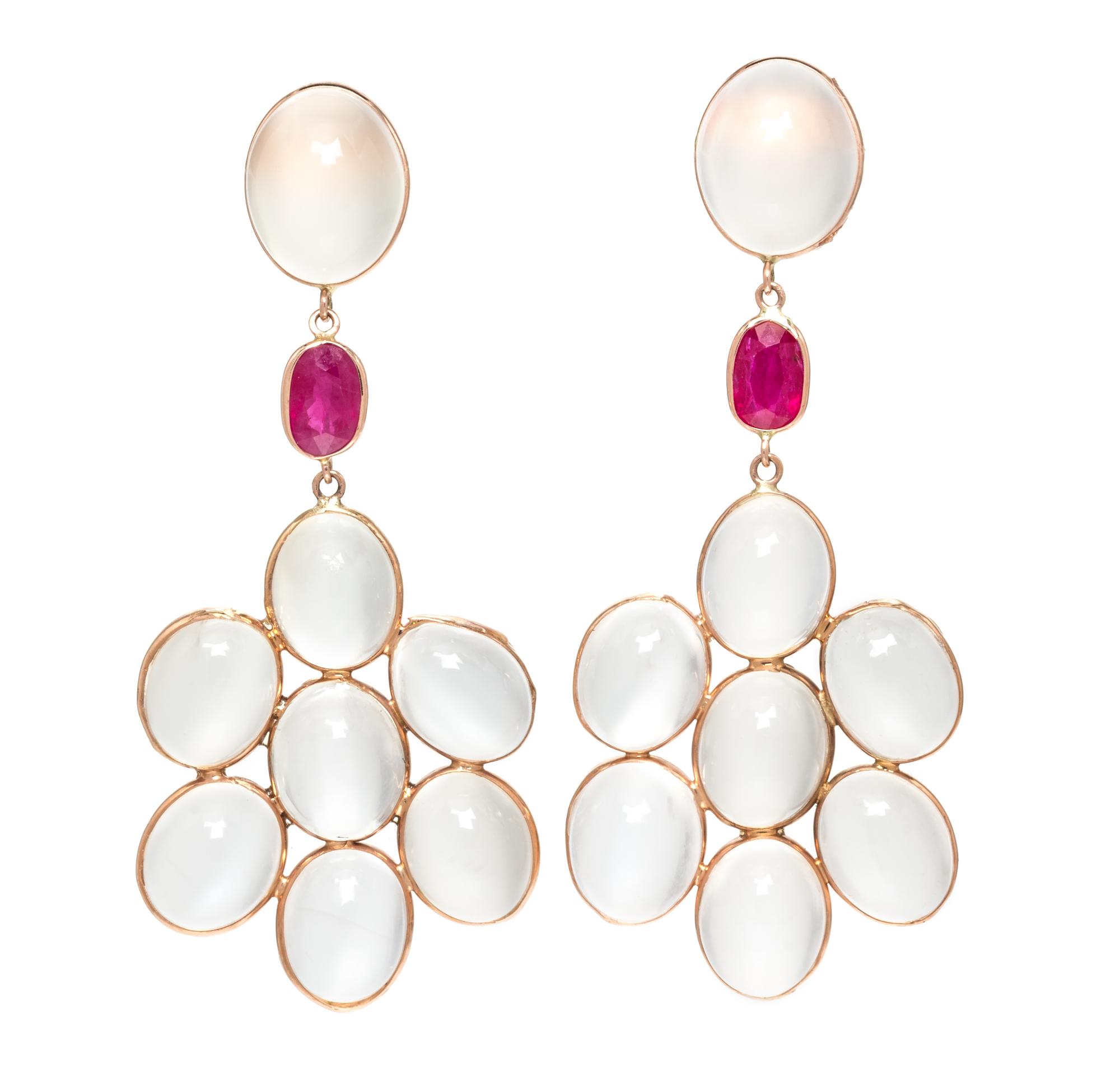 A Pair of Rose Gold, Moonstone and Ruby Pendant Earrings, 9.70 dwts.