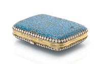 A Russian Enameled Silver Box, Moscow, late 19th century, the case with a light blue enameled ground and filigree scrolls throughout.
