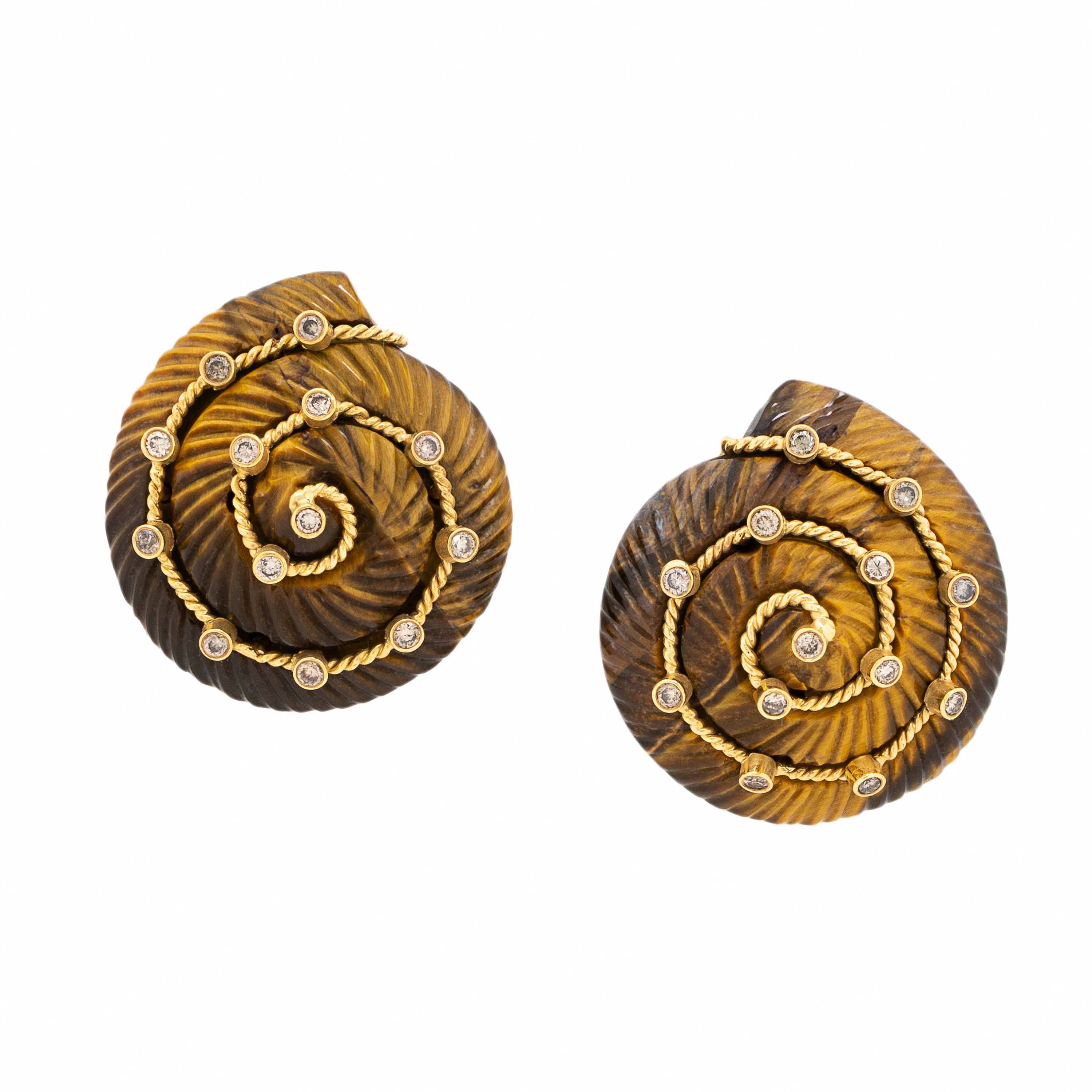 Mish, 'Cabana', Tiger's Eye Quartz, Colored Diamond, and Yellow Gold Earrings