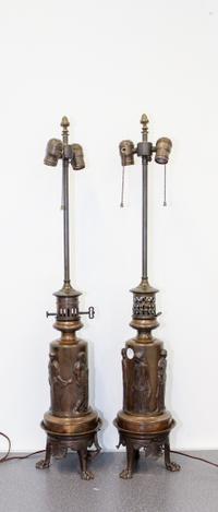 A Pair of Neoclassical Bronze Oil Lamp Bases Height overall 33 1/4 inches. — 19TH CENTURY