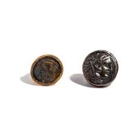 Two Parthian and Greek Silver Coins — Set in modern gold rings