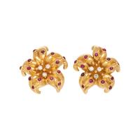 YELLOW GOLD, RUBY AND DIAMOND FLOWER EARCLIPS