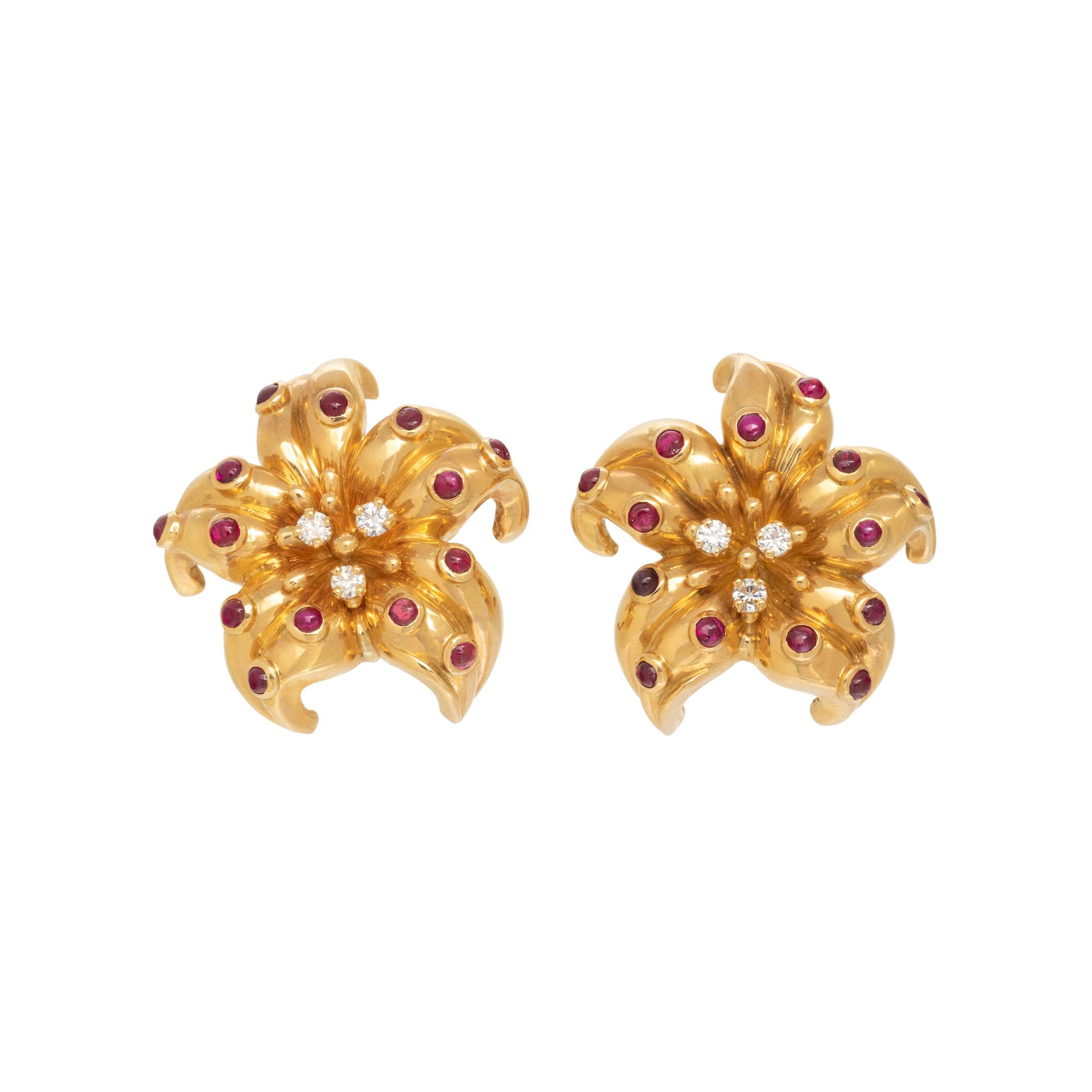 YELLOW GOLD, RUBY AND DIAMOND FLOWER EARCLIPS