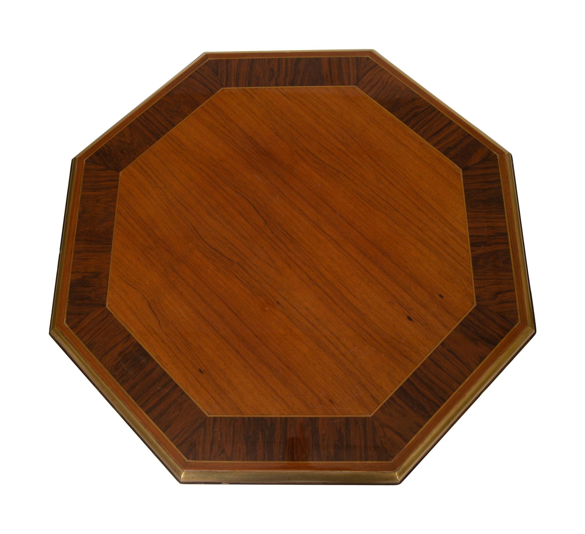 A Pair of Regency Style Hexagonal Top Crossbanded Side Tables with Brass Molded Edge — 20th Century
