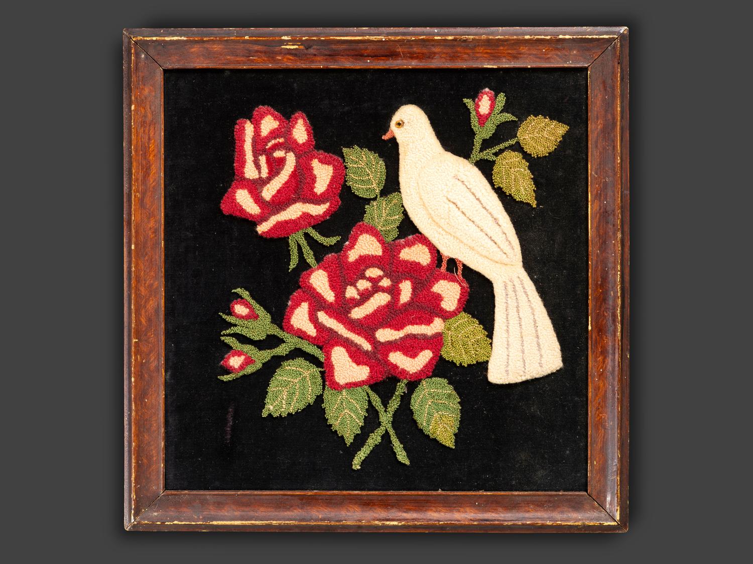 An American Embroidered Stumpwork Velvet Panel of Dove with Flowers