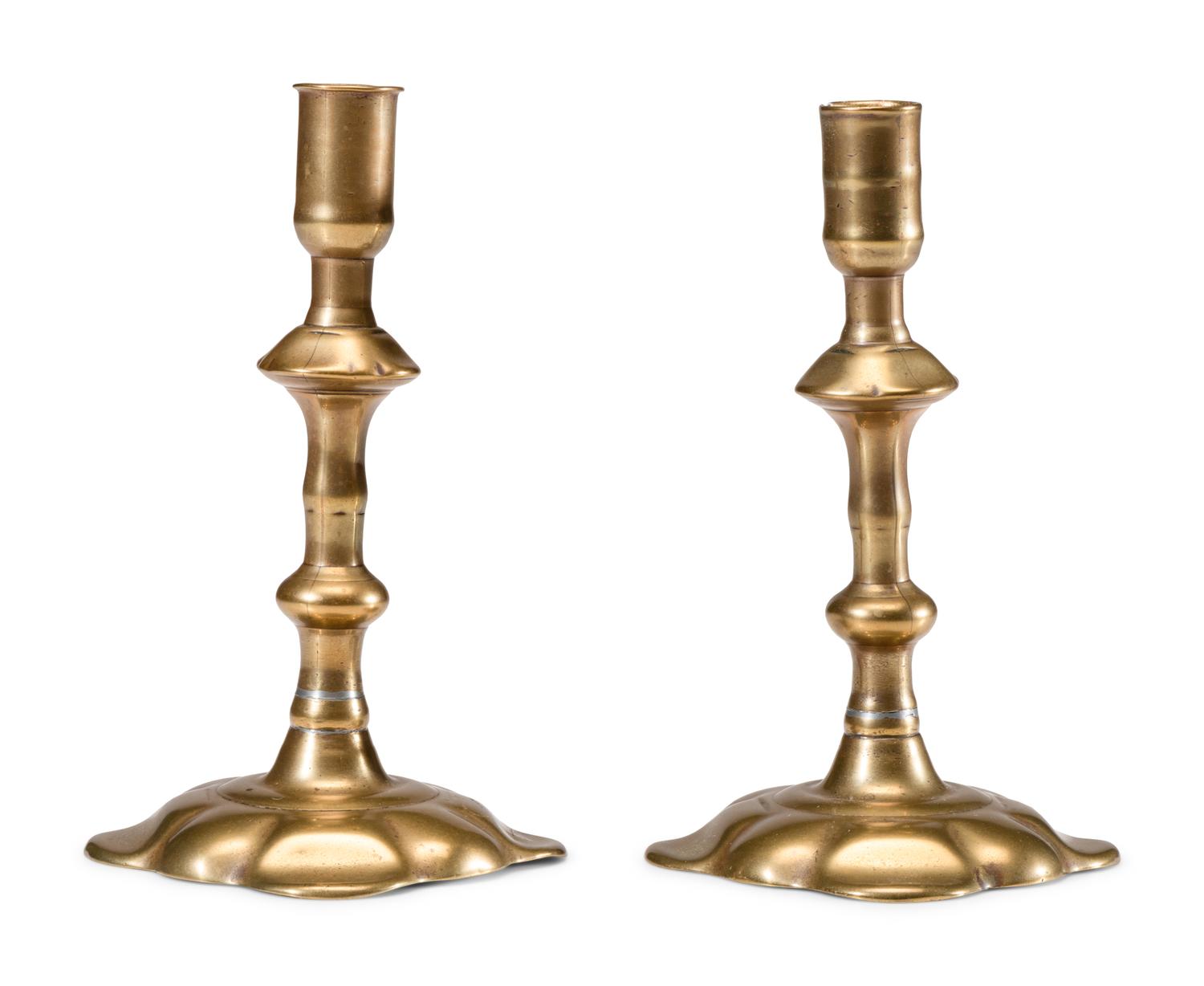 A Pair of English Brass Scalloped-Foot Candlesticks