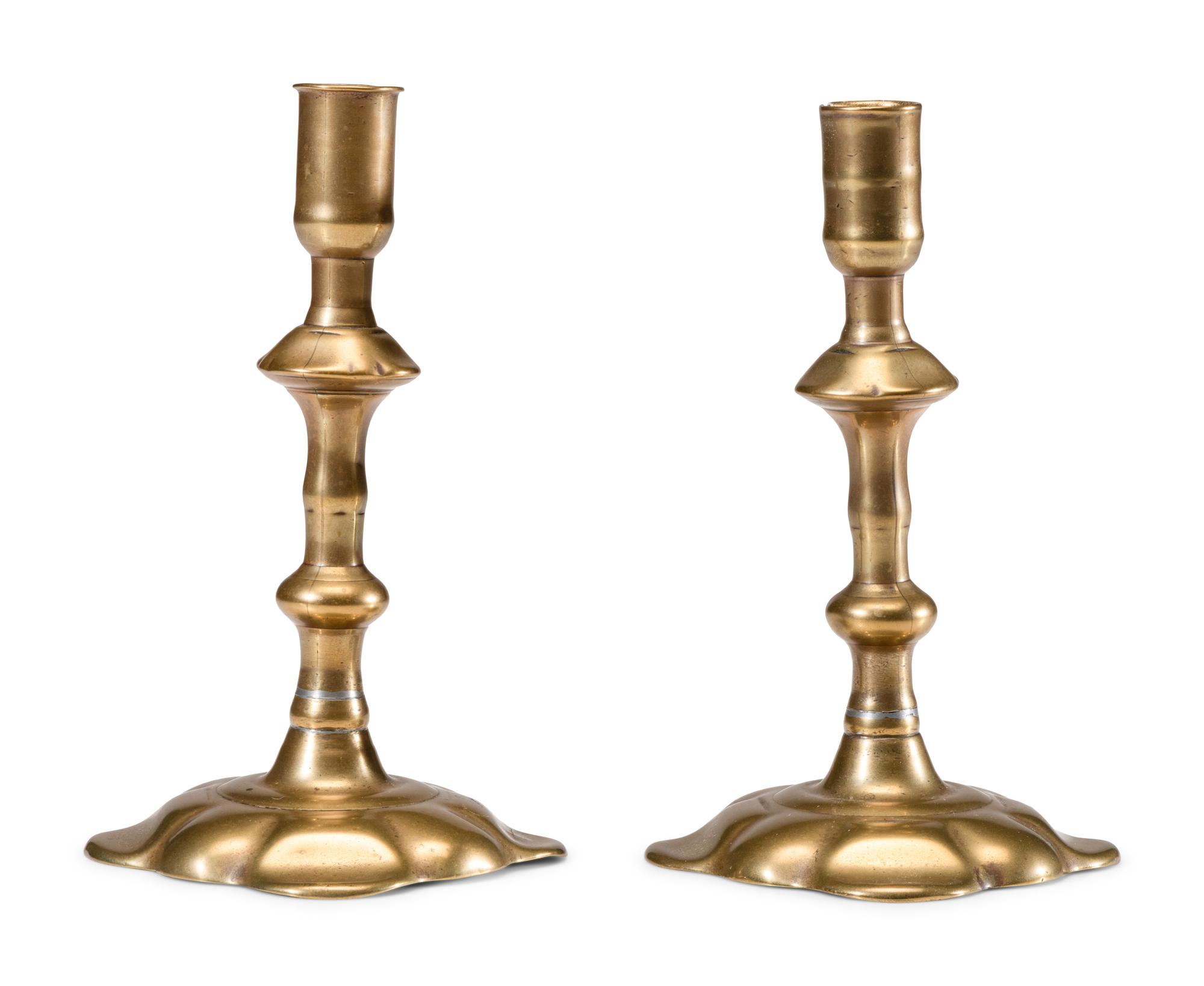 A Pair of English Brass Scalloped-Foot Candlesticks