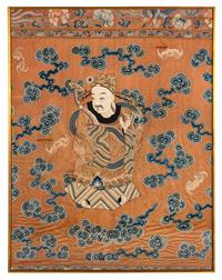 A Pair of Large Chinese Ochre Ground Embroidered Silk 'Immortal' Panels, 18th-19th Century 清中期 杏子地福壽圖大褂屏一對