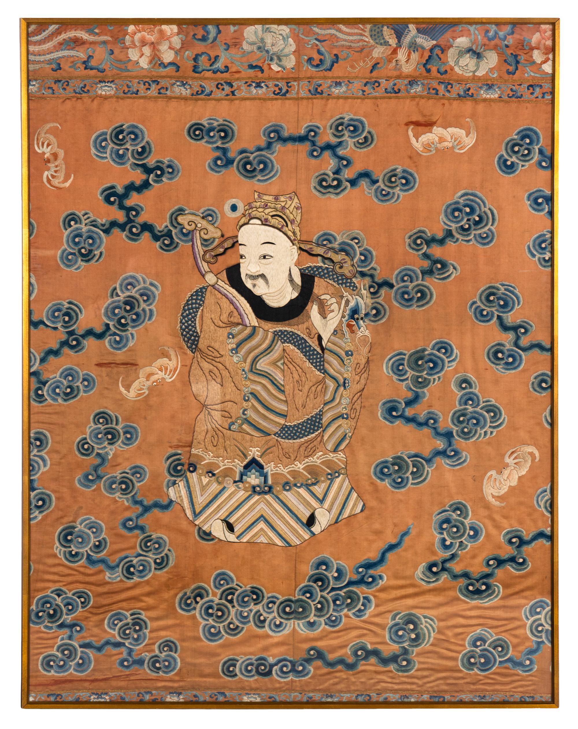 A Pair of Large Chinese Ochre Ground Embroidered Silk 'Immortal' Panels, 18th-19th Century 清中期 杏子地福壽圖大褂屏一對