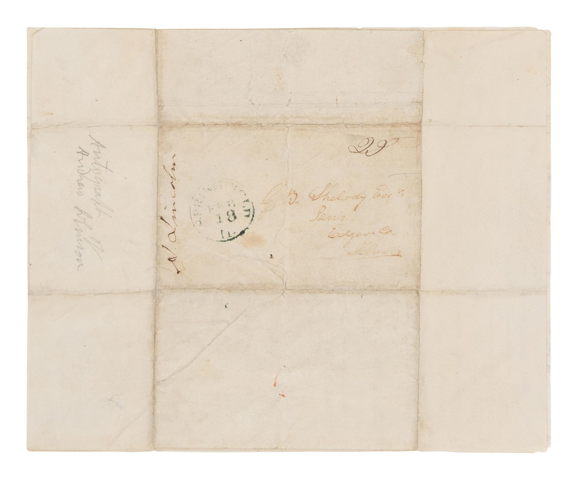 LINCOLN, Abraham (1809-1865). Autograph letter signed ("A. Lincoln") to Garland B. Shelody [sic Shelledy], Springfield, 16 February 1842.