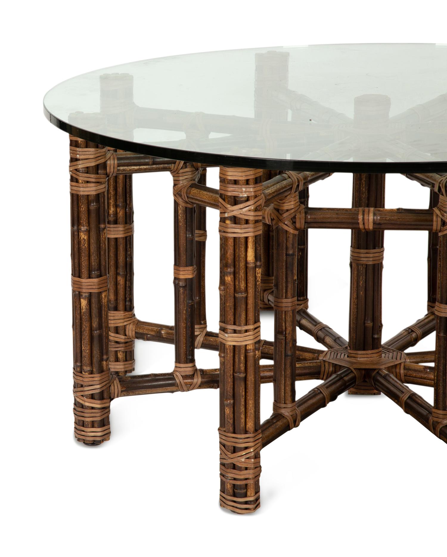 A McGuire Leather-Wrapped Bamboo Glass-Top Coffee Table