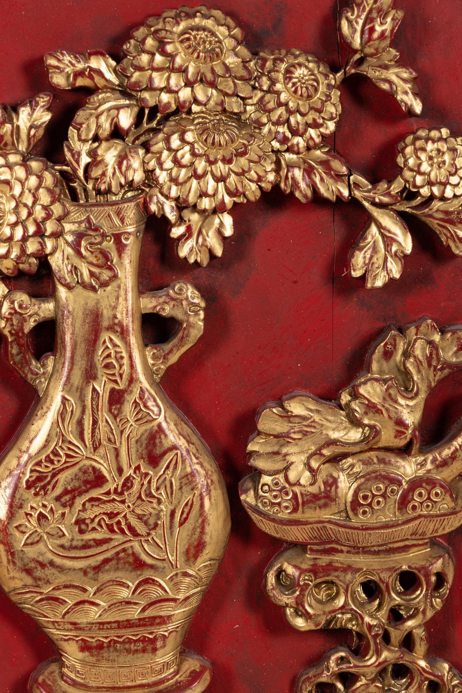 A Set of Four Chinese Gilt and Red Lacquered Wood 'Four Seasons' Panels