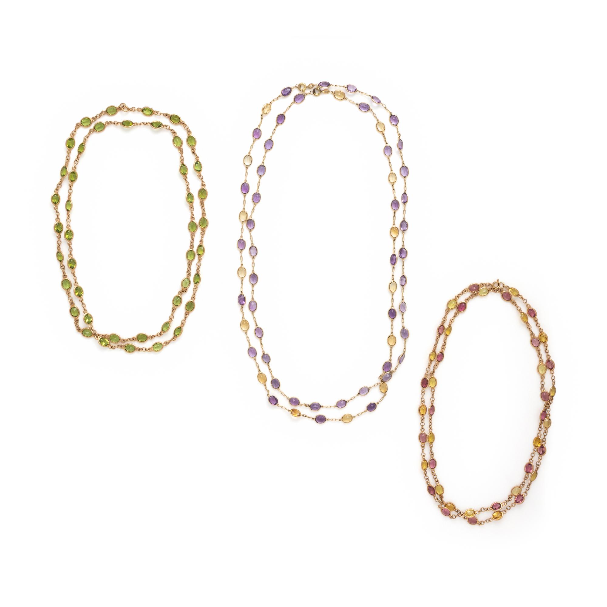 Collection of Multigem and Yellow Gold Necklaces