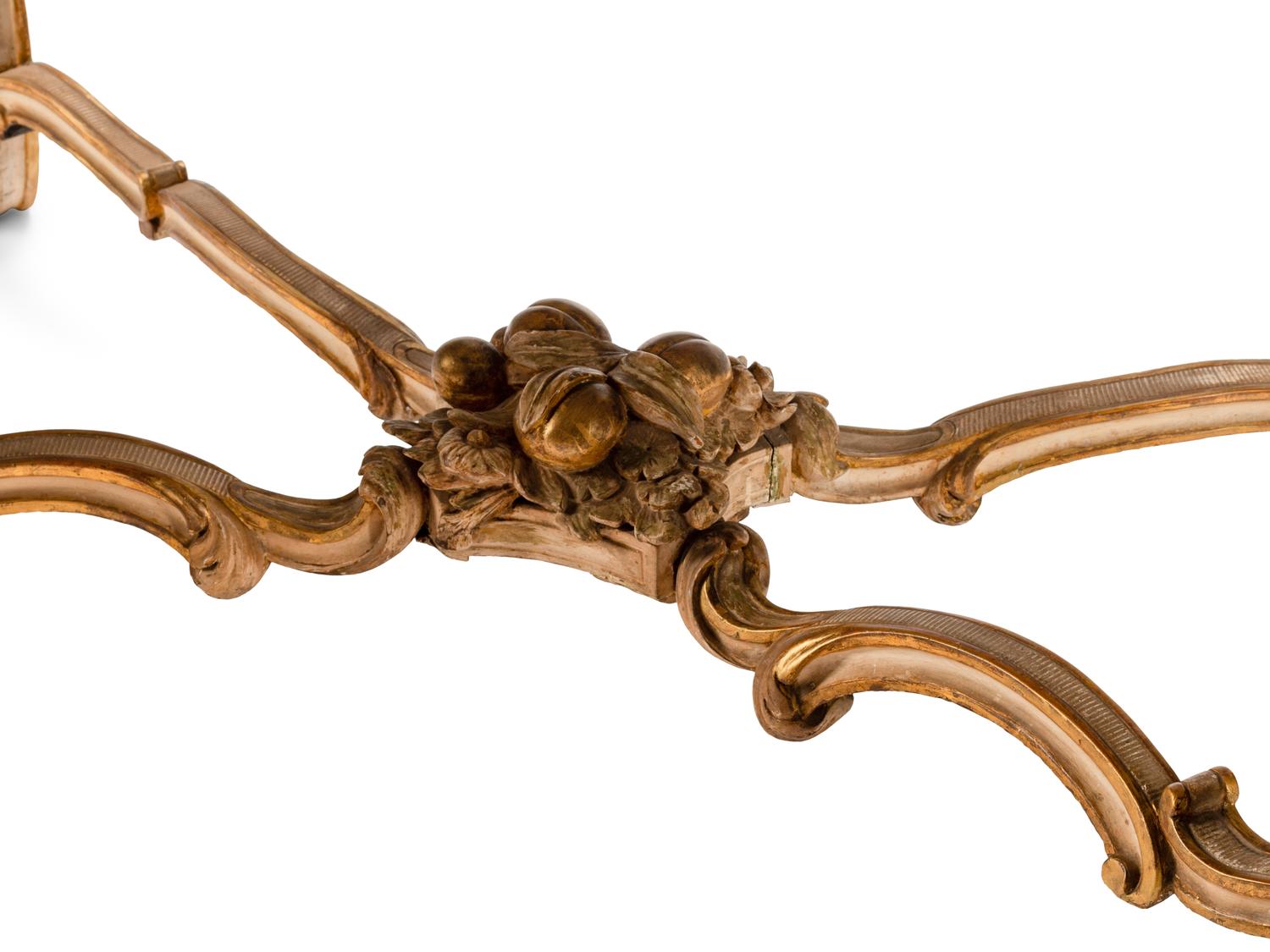 A Louis XV Painted and Parcel Gilt Marble-Top Center Table