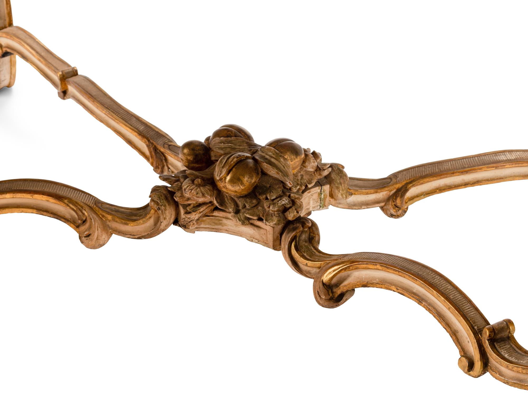 A Louis XV Painted and Parcel Gilt Marble-Top Center Table