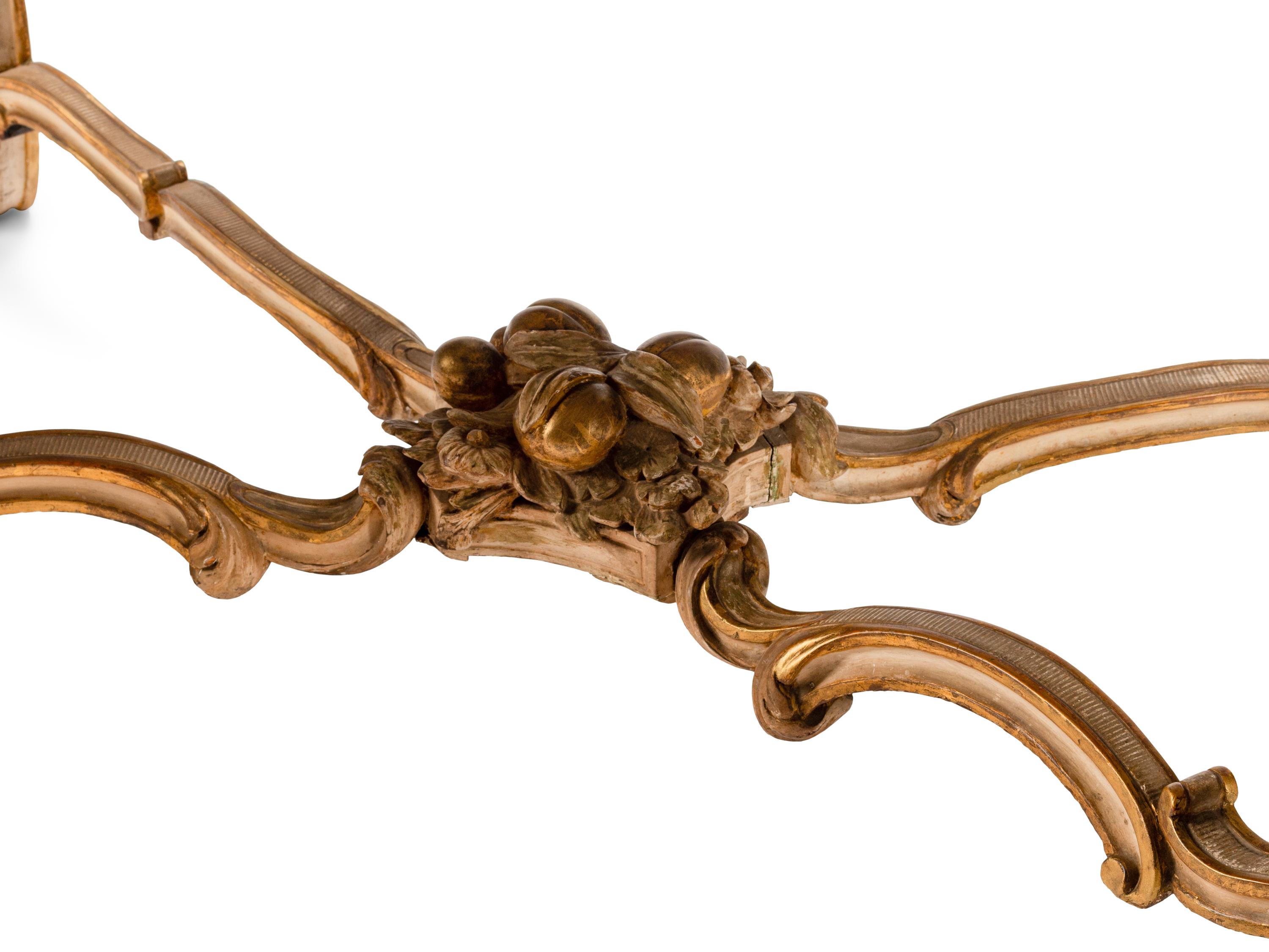 A Louis XV Painted and Parcel Gilt Marble-Top Center Table