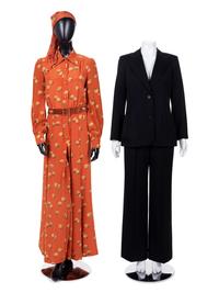 Two Boutique Valentino Outfits, Including a Walnut Dress Ensemble and Black Pant Suit, 1970s