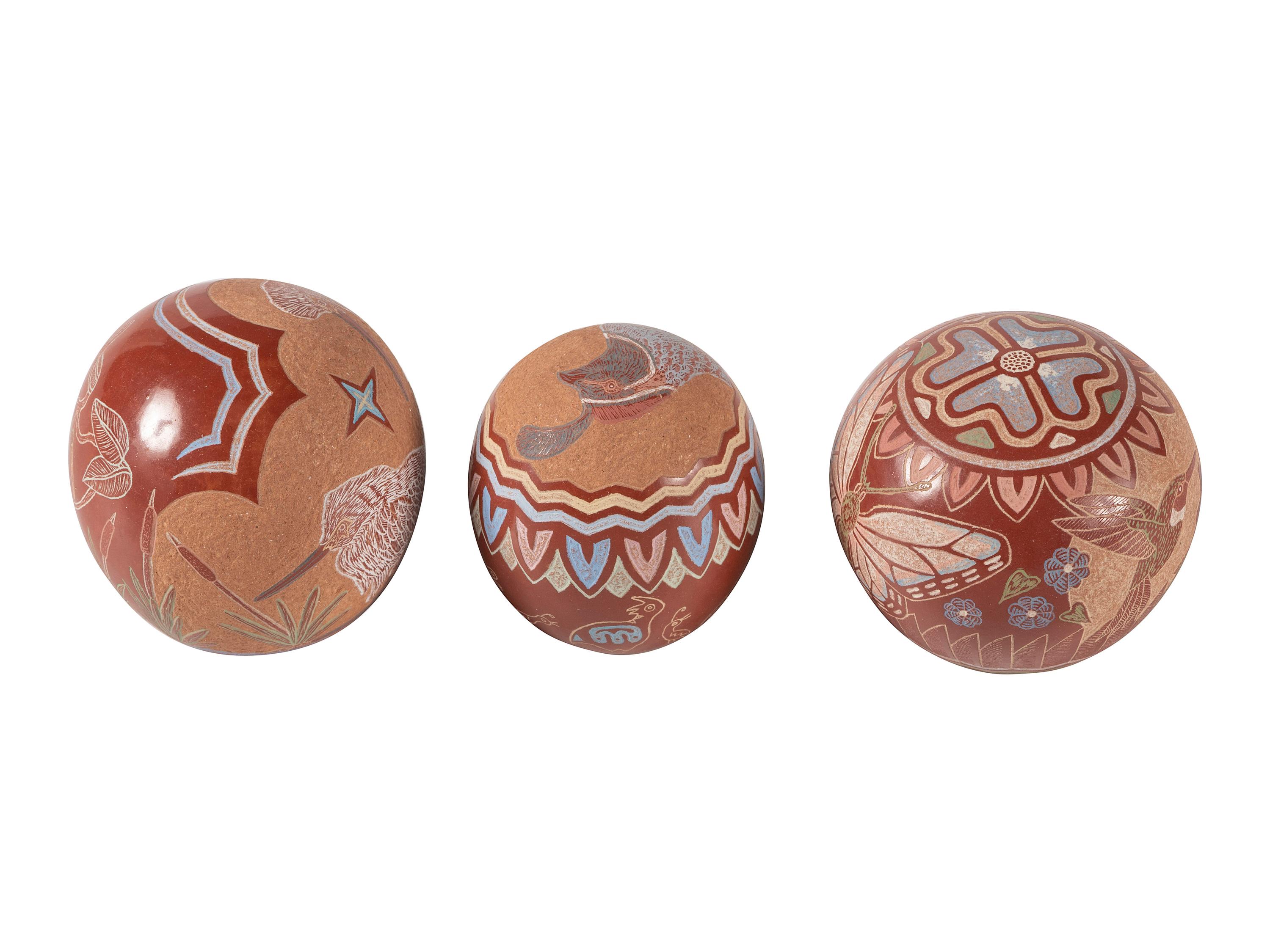 Trio of Miniature Sgraffito Pottery Seed Jars