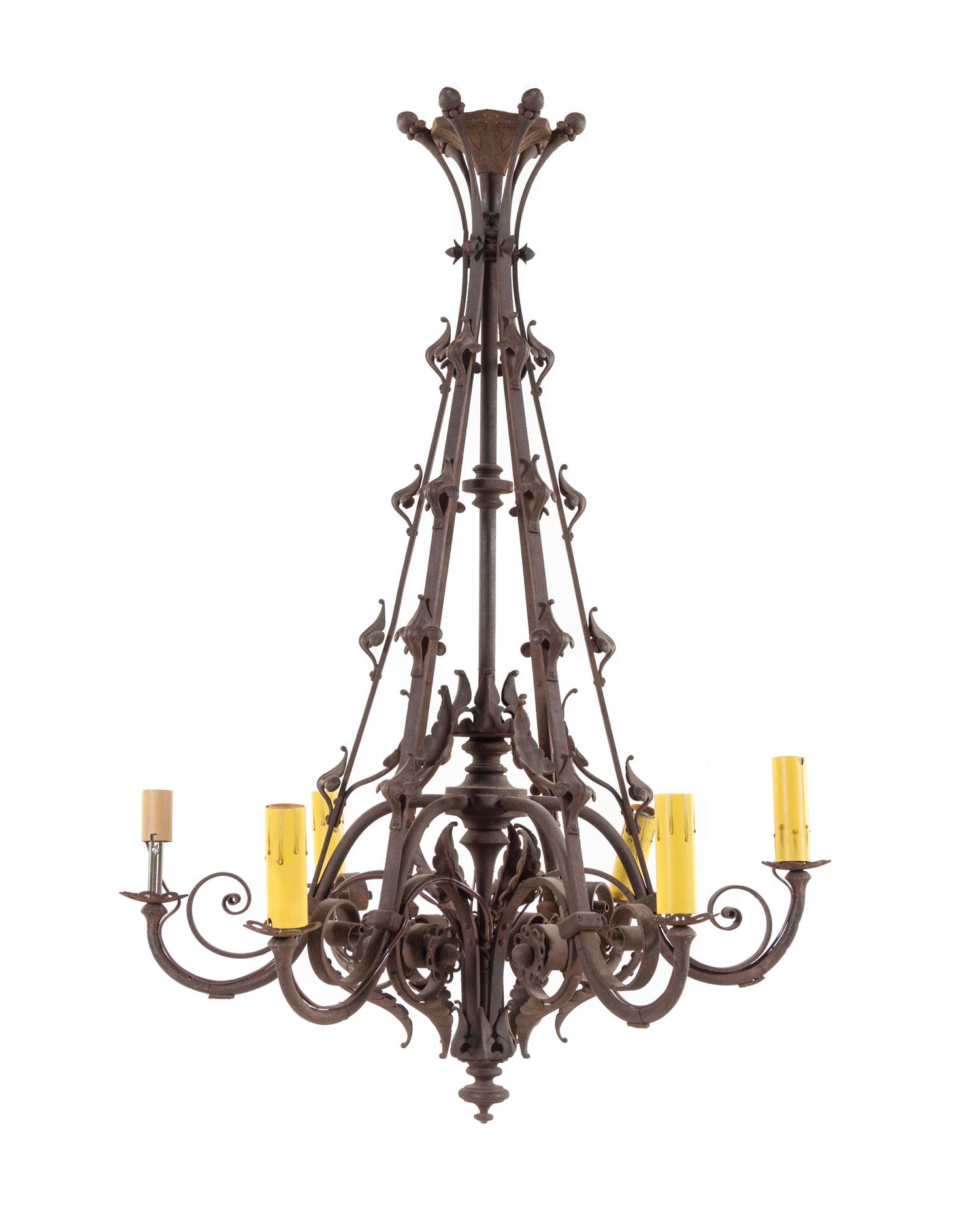 A Continental Wrought Iron Six-Light Chandelier