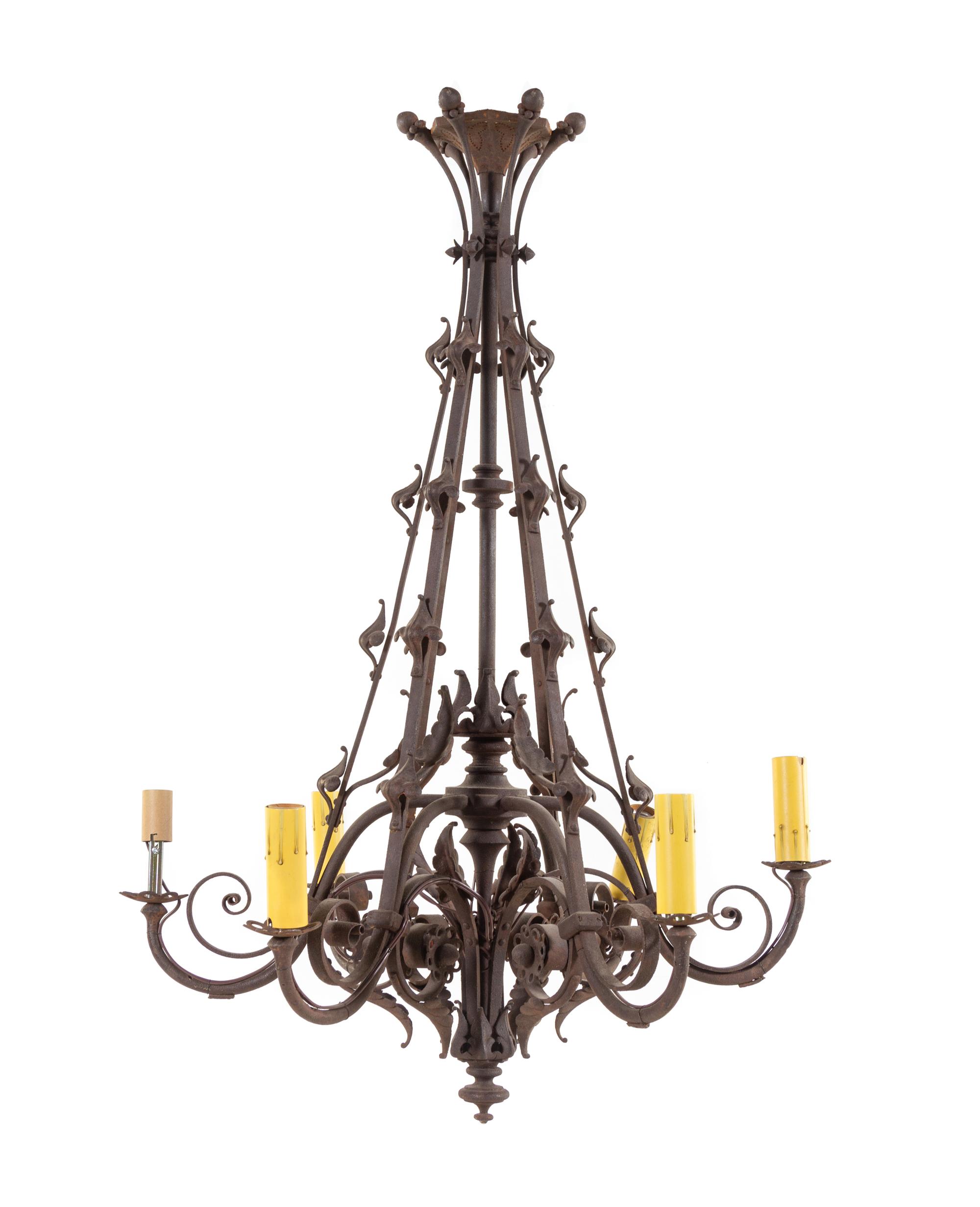 A Continental Wrought Iron Six-Light Chandelier