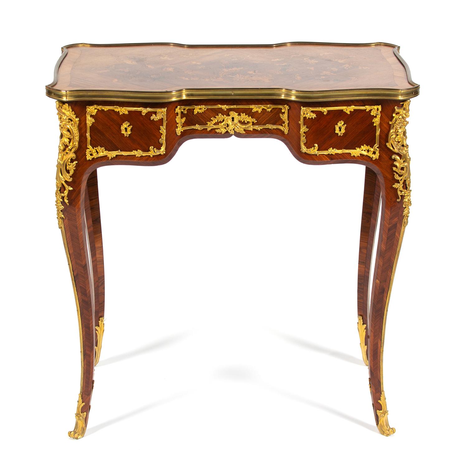 A Louis XV Style Gilt Bronze Mounted Bureau de Dame Height 29 1/4 x width 28 1/4 x depth 16 3/4 inches. — 19TH CENTURY