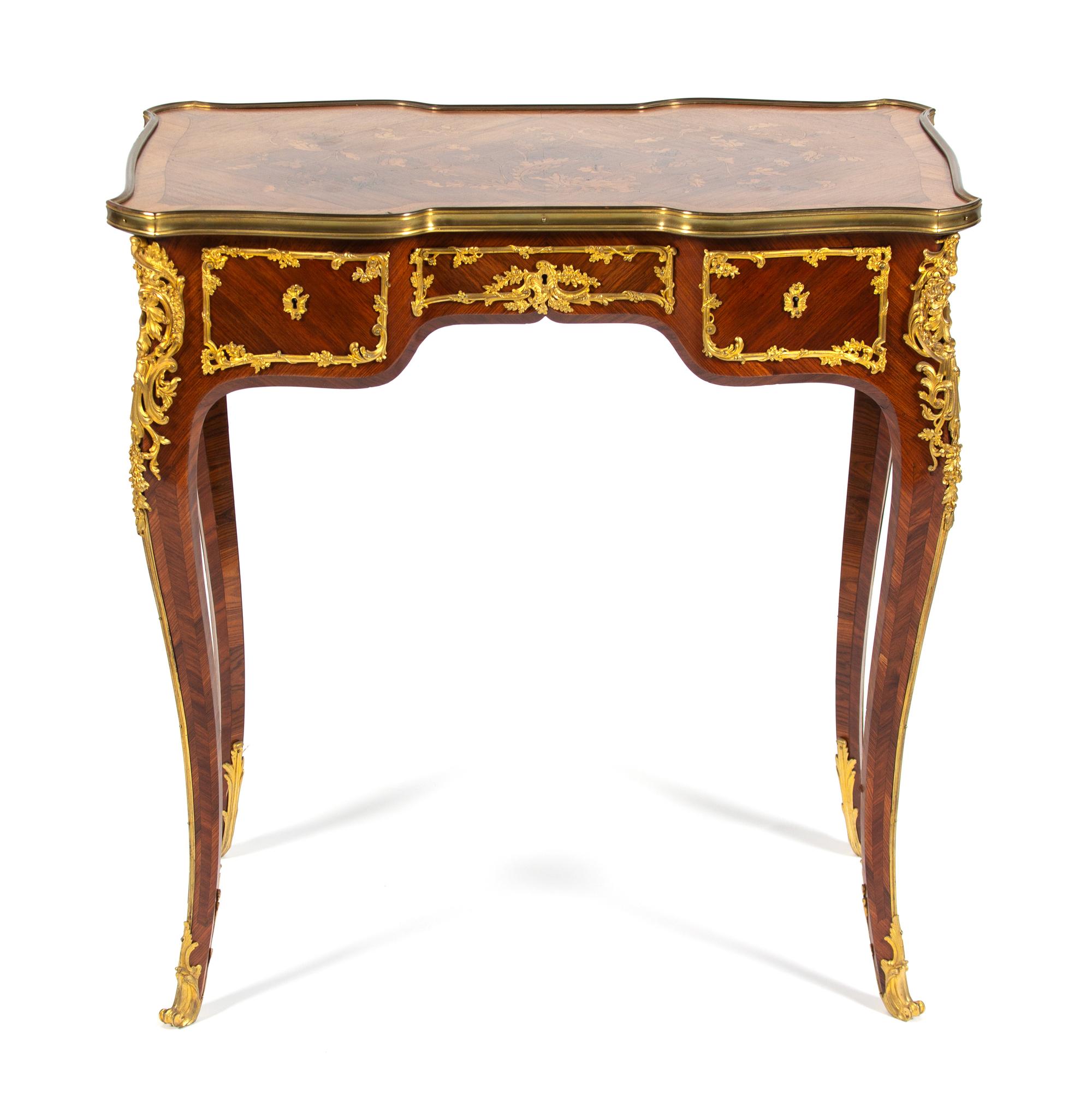 A Louis XV Style Gilt Bronze Mounted Bureau de Dame Height 29 1/4 x width 28 1/4 x depth 16 3/4 inches. — 19TH CENTURY