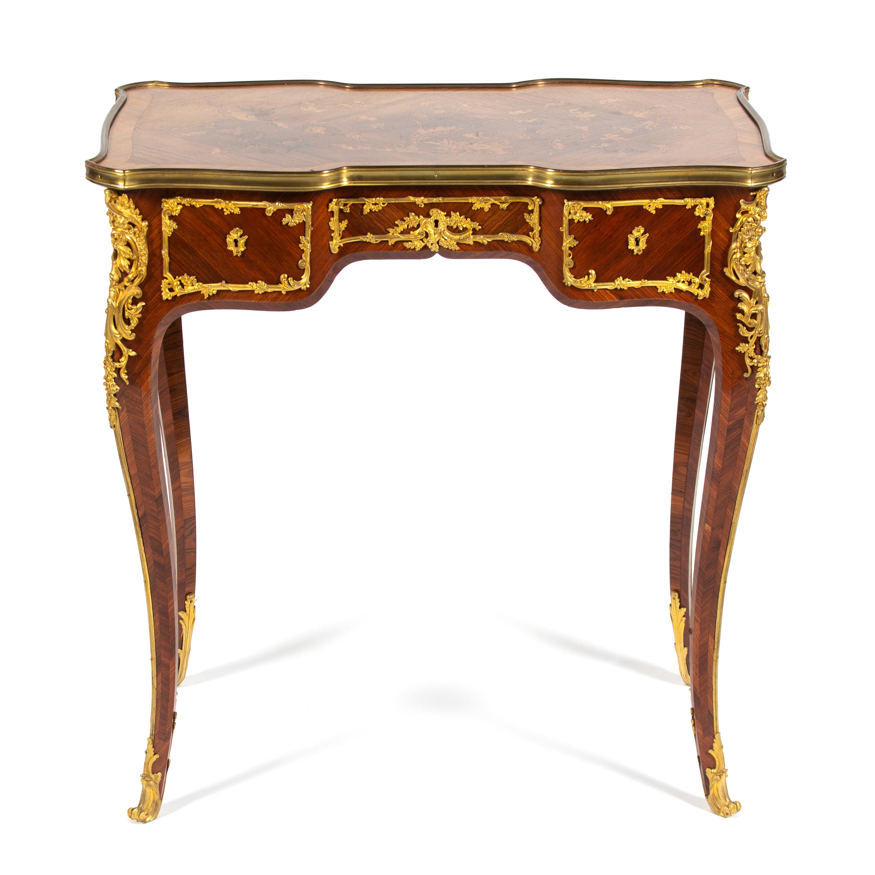 A Louis XV Style Gilt Bronze Mounted Bureau de Dame Height 29 1/4 x width 28 1/4 x depth 16 3/4 inches. — 19TH CENTURY